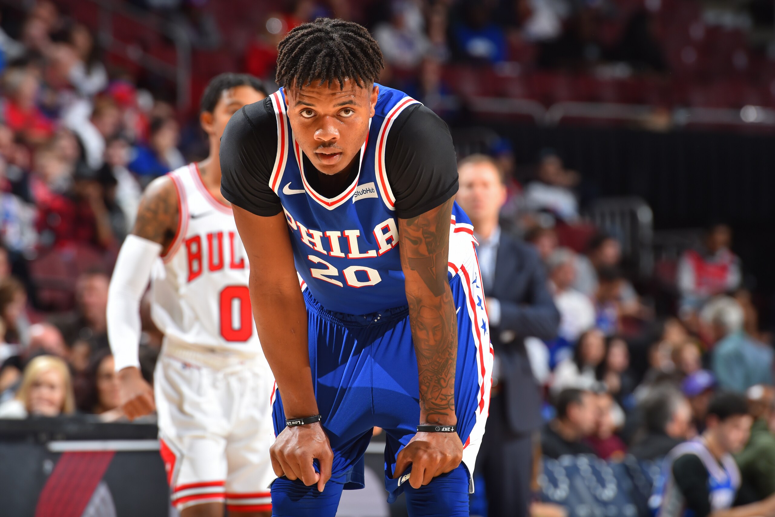PHILADELPHIA, PA - OCTOBER 18: Markelle Fultz #20 of the Philadelphia 76ers looks on during the game against the Chicago Bulls on October 18, 2018 at the Wells Fargo Center in Philadelphia, Pennsylvania NOTE TO USER: User expressly acknowledges and agrees