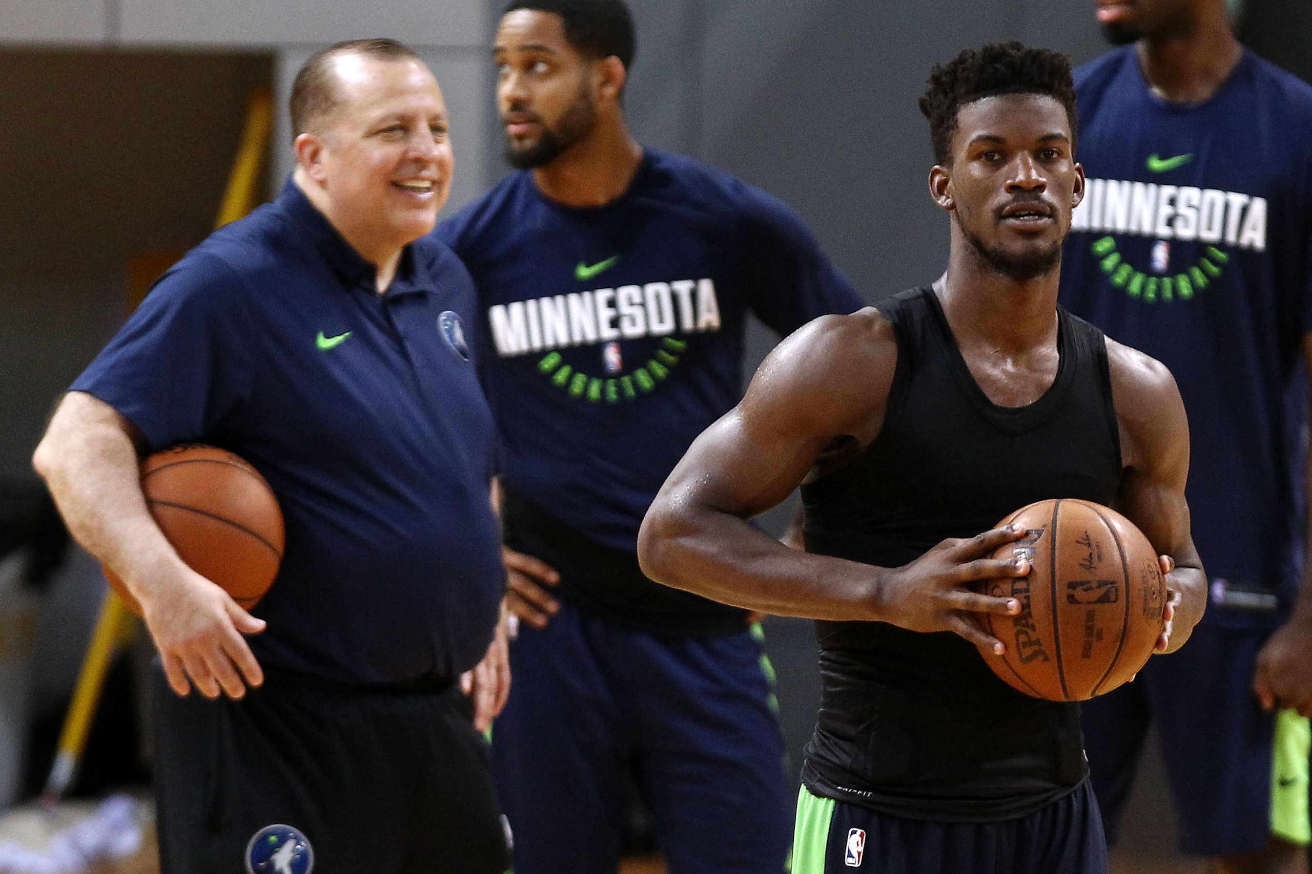 SHENZHEN, CHINA - OCTOBER 04:  Head coach Tom Thibodeau(L) and Jimmy Butler #23 of the Minnesota Timberwolves looks on during practice at Shenzhen Gymnasium as part of 2017 NBA Global Games China on October 4, 2017 in Shenzhen, China.  (Photo by Zhong Zhi