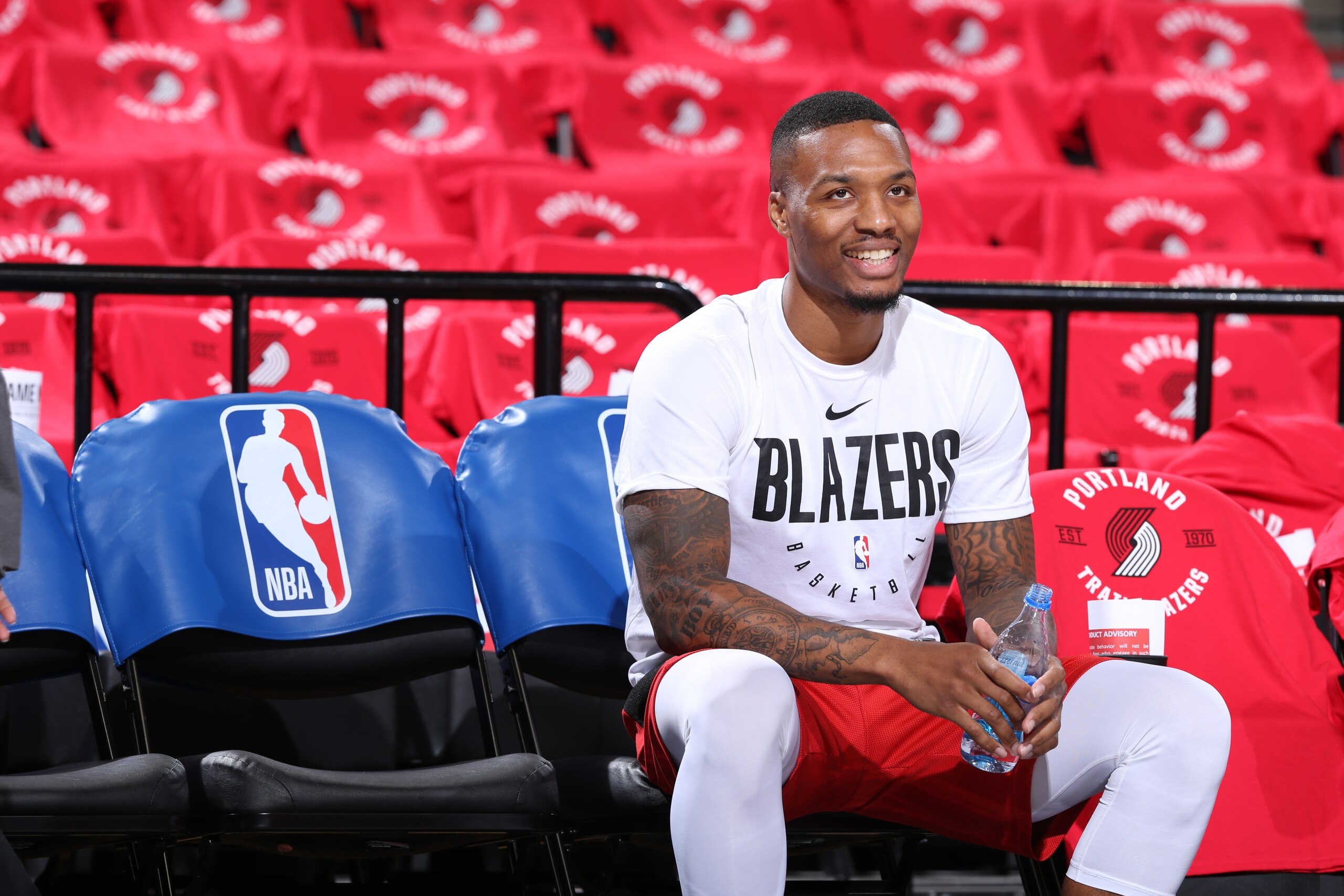 PORTLAND, OR - OCTOBER 18:  Damian Lillard #0 of the Portland Trail Blazers before the game against the Los Angeles Lakers on October 18, 2018 at the Moda Center Arena in Portland, Oregon. NOTE TO USER: User expressly acknowledges and agrees that, by down