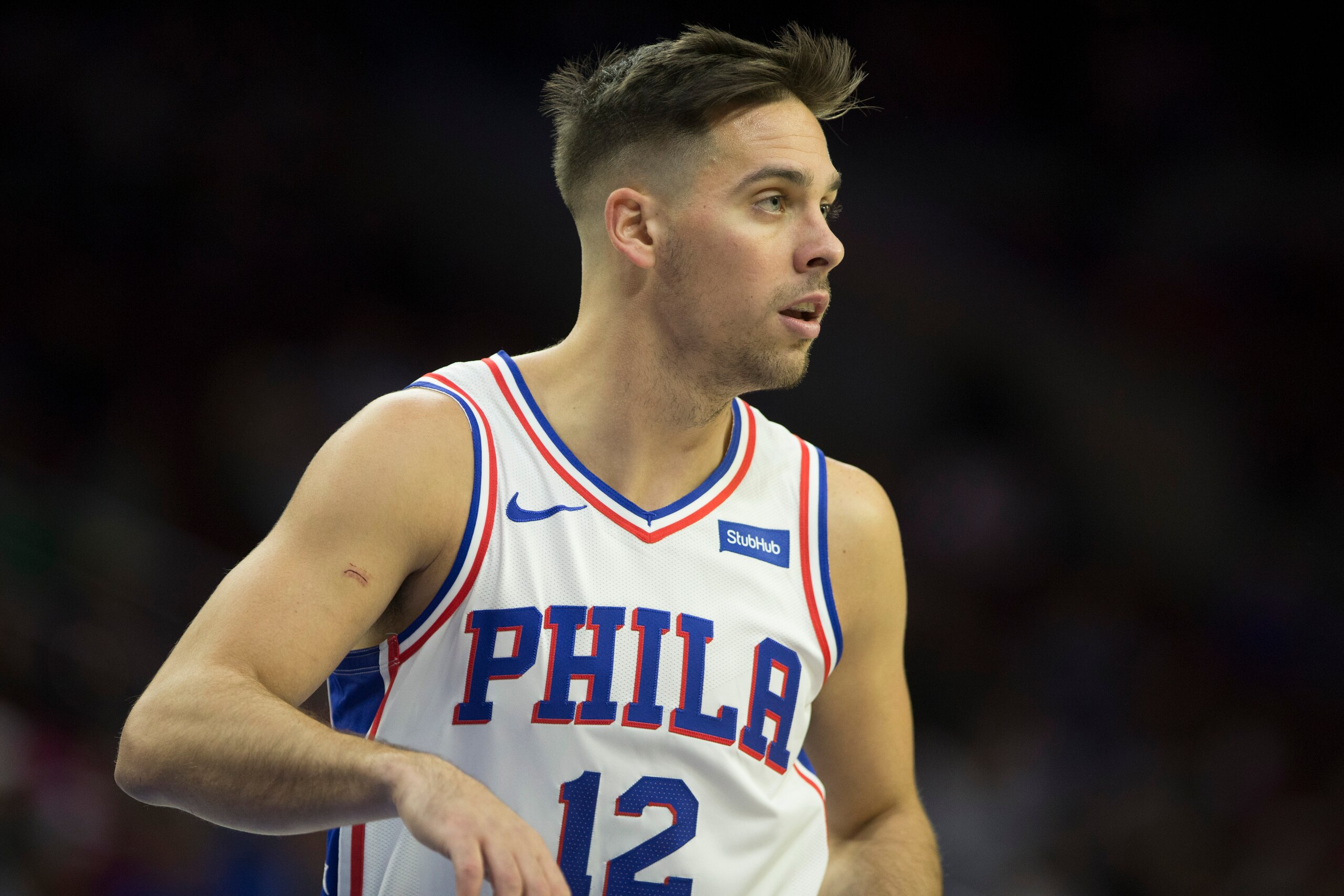 PHILADELPHIA, PA - SEPTEMBER 28: T.J. McConnell #12 of the Philadelphia 76ers looks on against Melbourne United in the preseason game at Wells Fargo Center on September 28, 2018 in Philadelphia, Pennsylvania. NOTE TO USER: User expressly acknowledges and 
