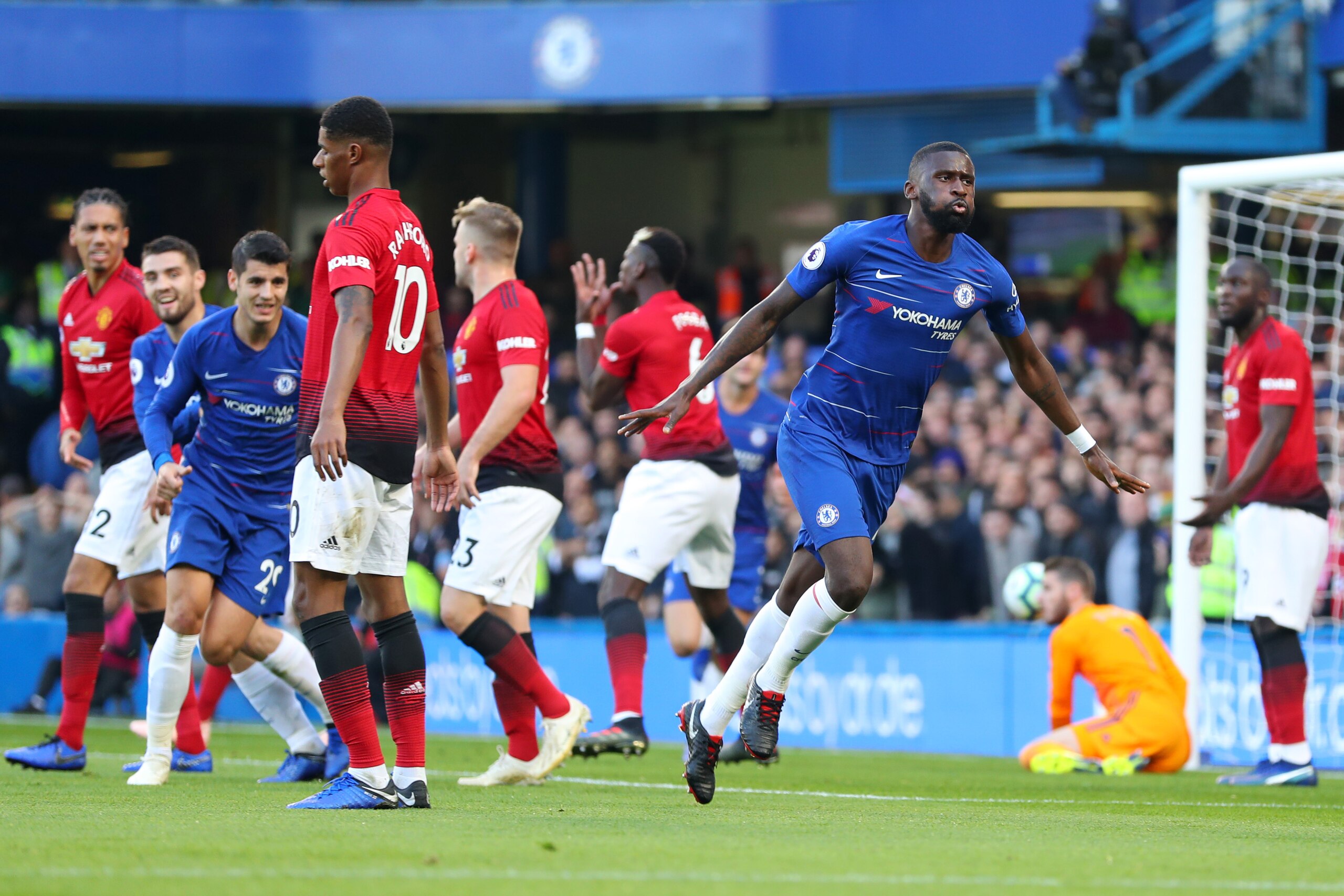 LONDON, ENGLAND - OCTOBER 20:  Antonio Ruediger of Chelsea celebrates after scoring his team's first goal during the Premier League match between Chelsea FC and Manchester United at Stamford Bridge on October 20, 2018 in London, United Kingdom.  (Photo by