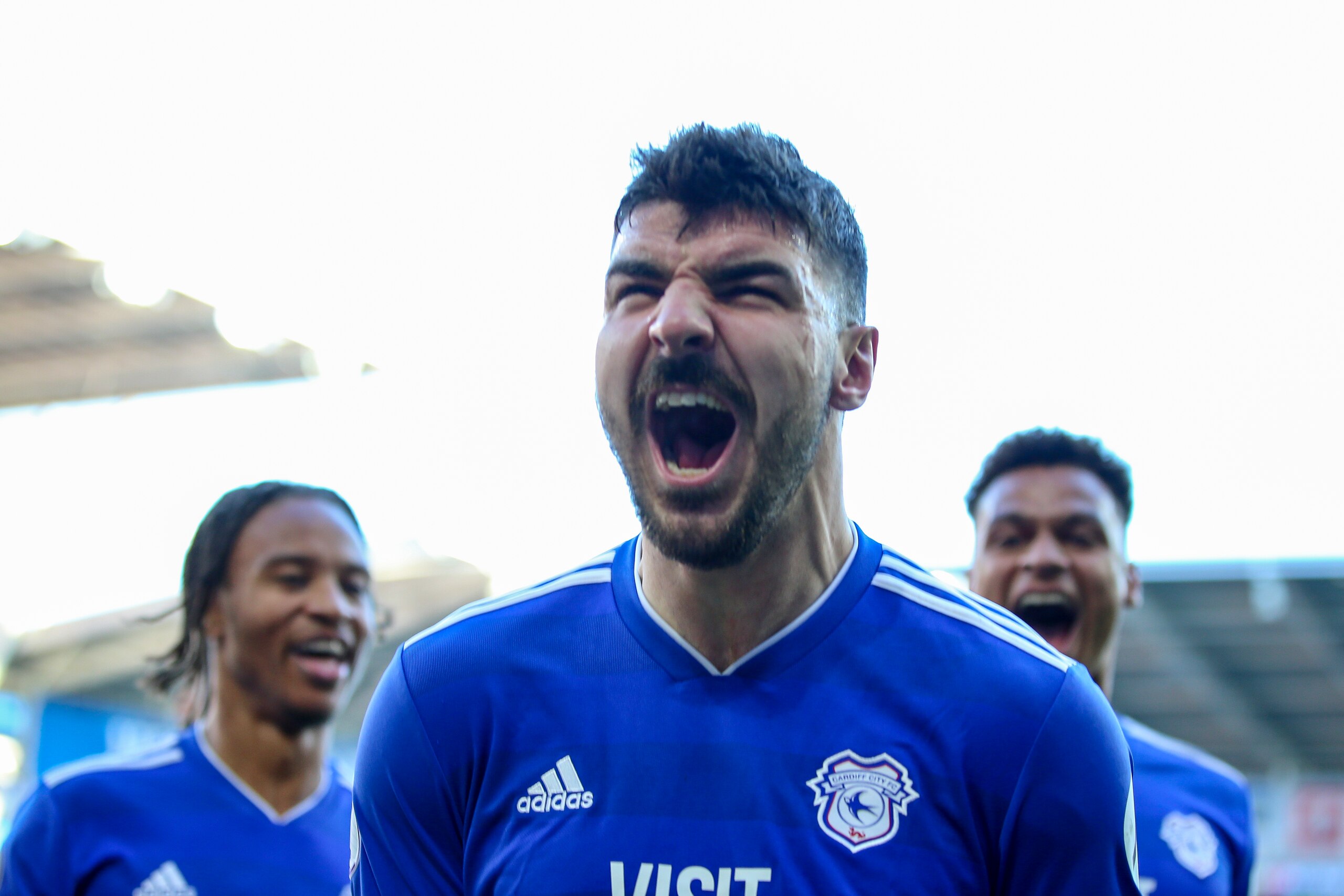 CARDIFF, WALES - OCTOBER 20: Callum Paterson (C) celebrates scoring the third goal for Cardiff City during the Premier League match between Cardiff City and Fulham FC at Cardiff City Stadium on October 20, 2018 in Cardiff, United Kingdom. (Photo by Cardif