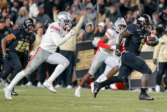 WEST LAFAYETTE, IN - OCTOBER 20: D.J. Knox #1 of the Purdue Boilermakers runs the ball for a touchdown as Jordan Fuller #4 of the Ohio State Buckeyes pursues at Ross-Ade Stadium on October 20, 2018 in West Lafayette, Indiana. (Photo by Michael Hickey/Gett