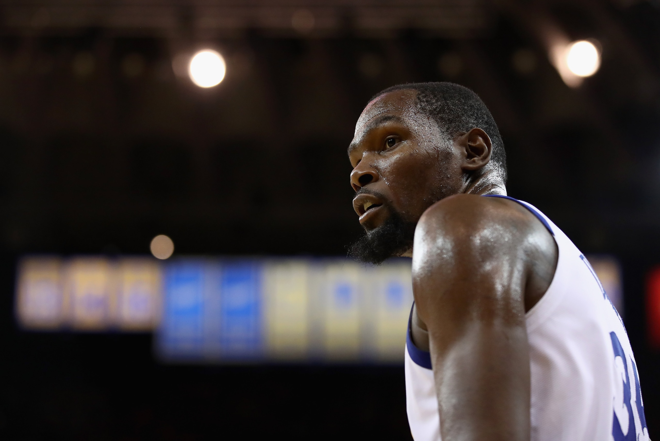 OAKLAND, CA - OCTOBER 16:  Kevin Durant #35 of the Golden State Warriors stands on the court during their game against the Oklahoma City Thunder at ORACLE Arena on October 16, 2018 in Oakland, California.  NOTE TO USER: User expressly acknowledges and agr