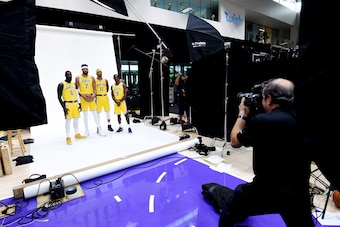 EL SEGUNDO, CA - SEPTEMBER 24: Lance Stephenson #6 JaVale McGee #7 Michael Beasley #11 and Rajon Rondo #9 of the Los Angeles Lakers are seen posing for a portrait during media day at UCLA Health Training Center on September 24, 2018 in El Segundo, Califor