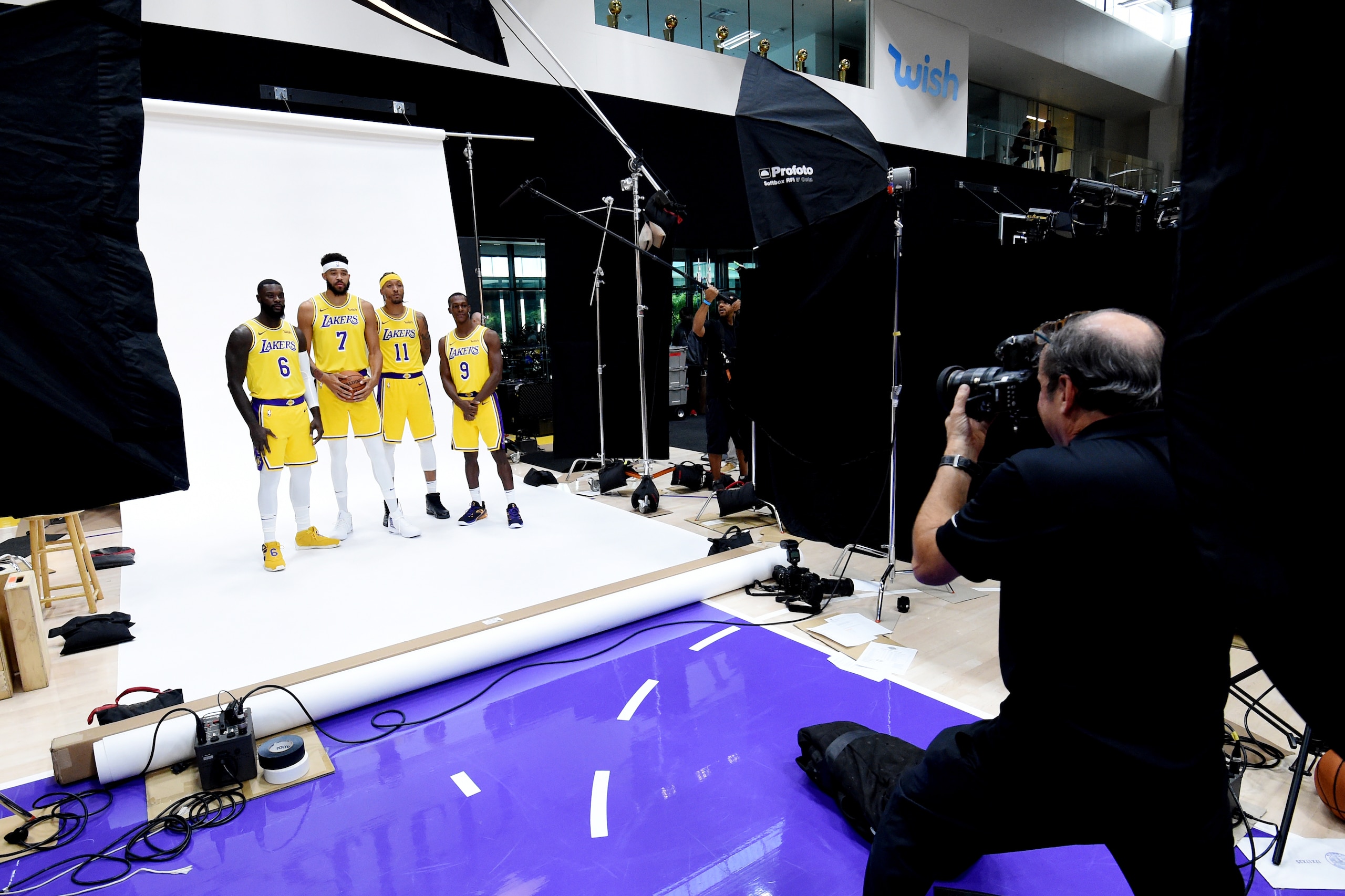 EL SEGUNDO, CA - SEPTEMBER 24: Lance Stephenson #6 JaVale McGee #7 Michael Beasley #11 and Rajon Rondo #9 of the Los Angeles Lakers are seen posing for a portrait during media day at UCLA Health Training Center on September 24, 2018 in El Segundo, Califor EL SEGUNDO, CA - SEPTEMBER 24: Lance Stephenson #6 JaVale McGee #7 Michael Beasley #11 and Rajon Rondo #9 of the Los Angeles Lakers are seen posing for a portrait during media day at UCLA Health Training Center on September 24, 2018 in El Segundo, Califor