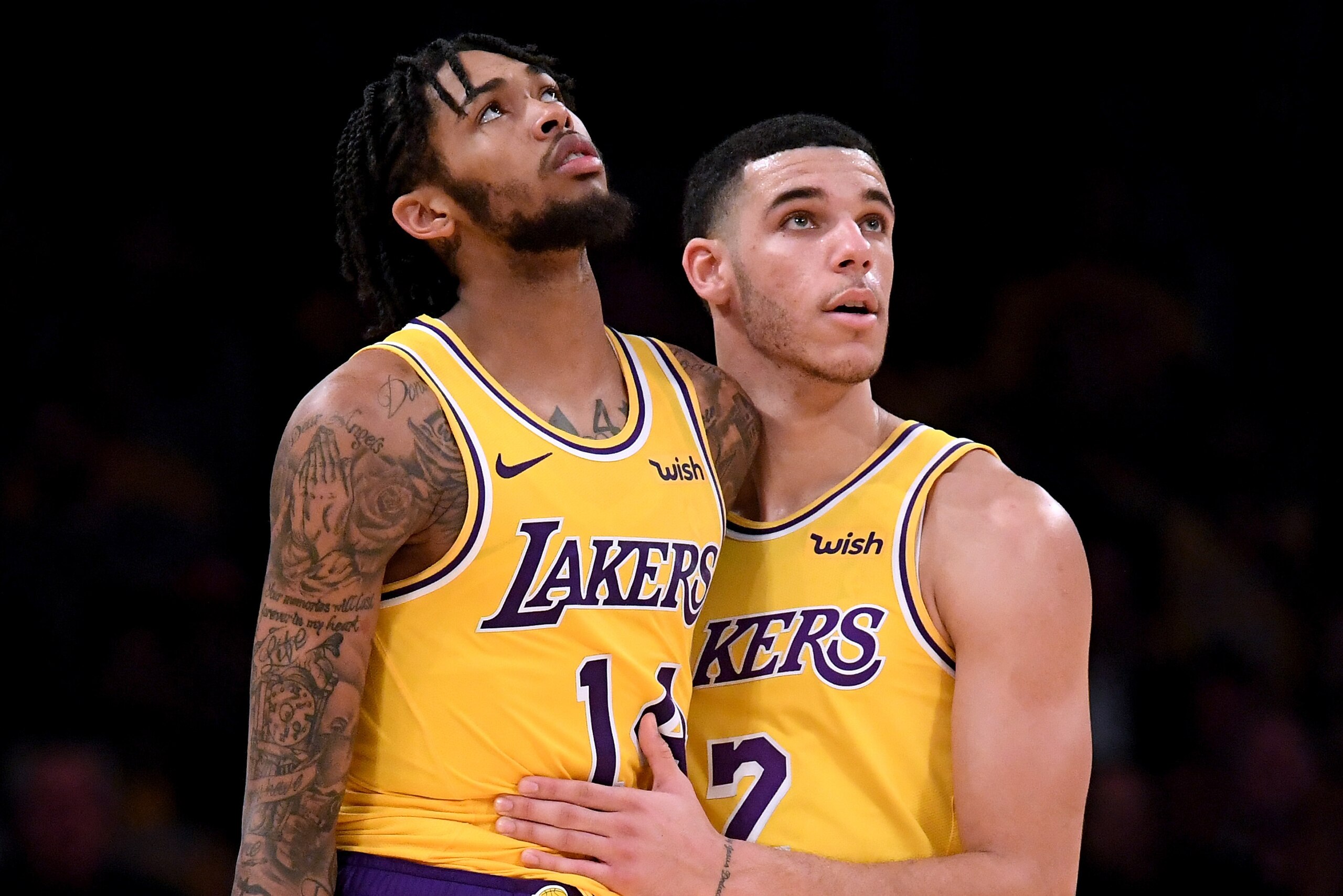LOS ANGELES, CA - OCTOBER 20: Brandon Ingram #14 of the Los Angeles Lakers is restrained by Lonzo Ball #2 of the Los Angeles Lakers during a 124-115 loss to the Houston Rockets at Staples Center on October 20, 2018 in Los Angeles, California. (Photo by LOS ANGELES, CA - OCTOBER 20: Brandon Ingram #14 of the Los Angeles Lakers is restrained by Lonzo Ball #2 of the Los Angeles Lakers during a 124-115 loss to the Houston Rockets at Staples Center on October 20, 2018 in Los Angeles, California. (Photo by