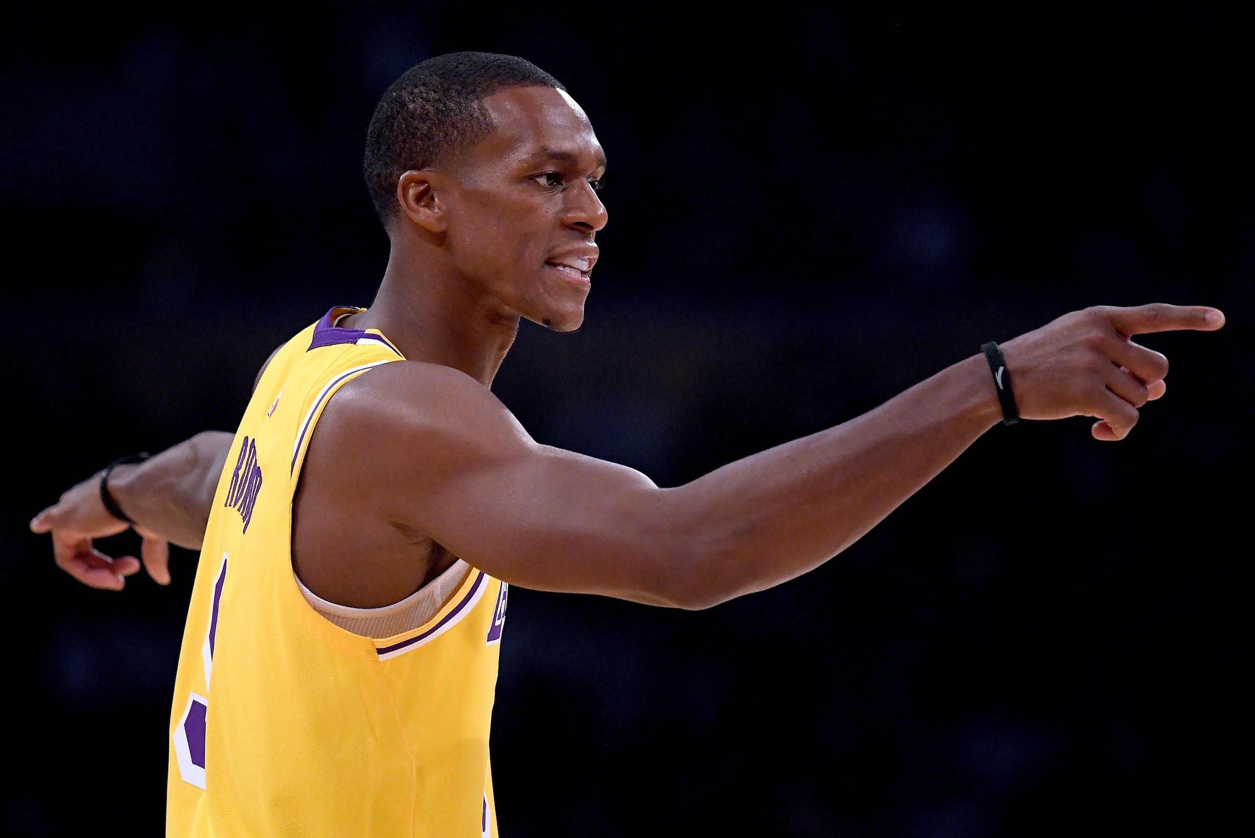 LOS ANGELES, CA - OCTOBER 20: Rajon Rondo #9 of the Los Angeles Lakers directs his teammates during a 124-115 loss to the Houston Rockets at Staples Center on October 20, 2018 in Los Angeles, California. (Photo by Harry How/Getty Images) LOS ANGELES, CA - OCTOBER 20: Rajon Rondo #9 of the Los Angeles Lakers directs his teammates during a 124-115 loss to the Houston Rockets at Staples Center on October 20, 2018 in Los Angeles, California. (Photo by Harry How/Getty Images)