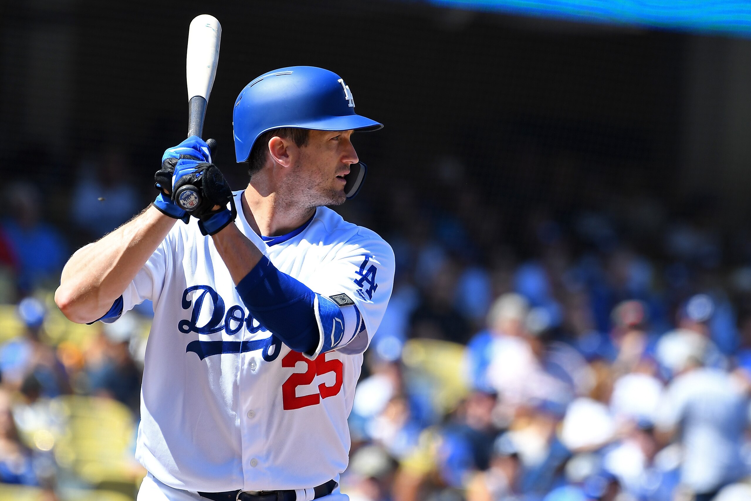 LOS ANGELES, CA - SEPTEMBER 23: David Freese #25 of the Los Angeles Dodgers at bat in the game against the San Diego Padres at Dodger Stadium on September 23, 2018 in Los Angeles, California.  (Photo by Jayne Kamin-Oncea/Getty Images)