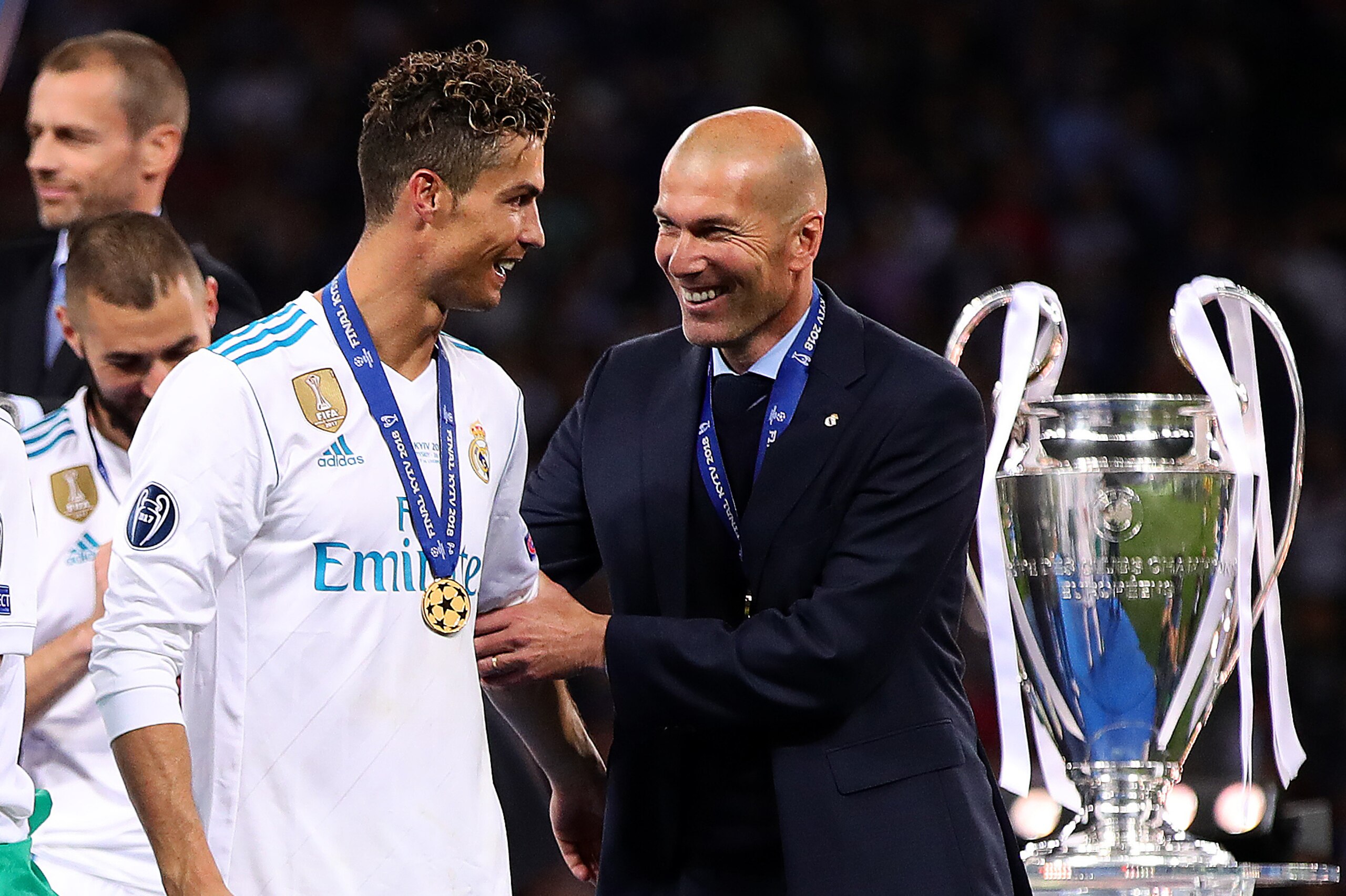 KIEV, UKRAINE - MAY 26: Real Madrid manager Zinedine Zidane embraces Cristiano Ronaldo following the UEFA Champions League final between Real Madrid and Liverpool at the NSC Olimpiyskiy on May 26, 2018 in Kiev, Ukraine. (Photo by Chris Brunskill Ltd/Getty
