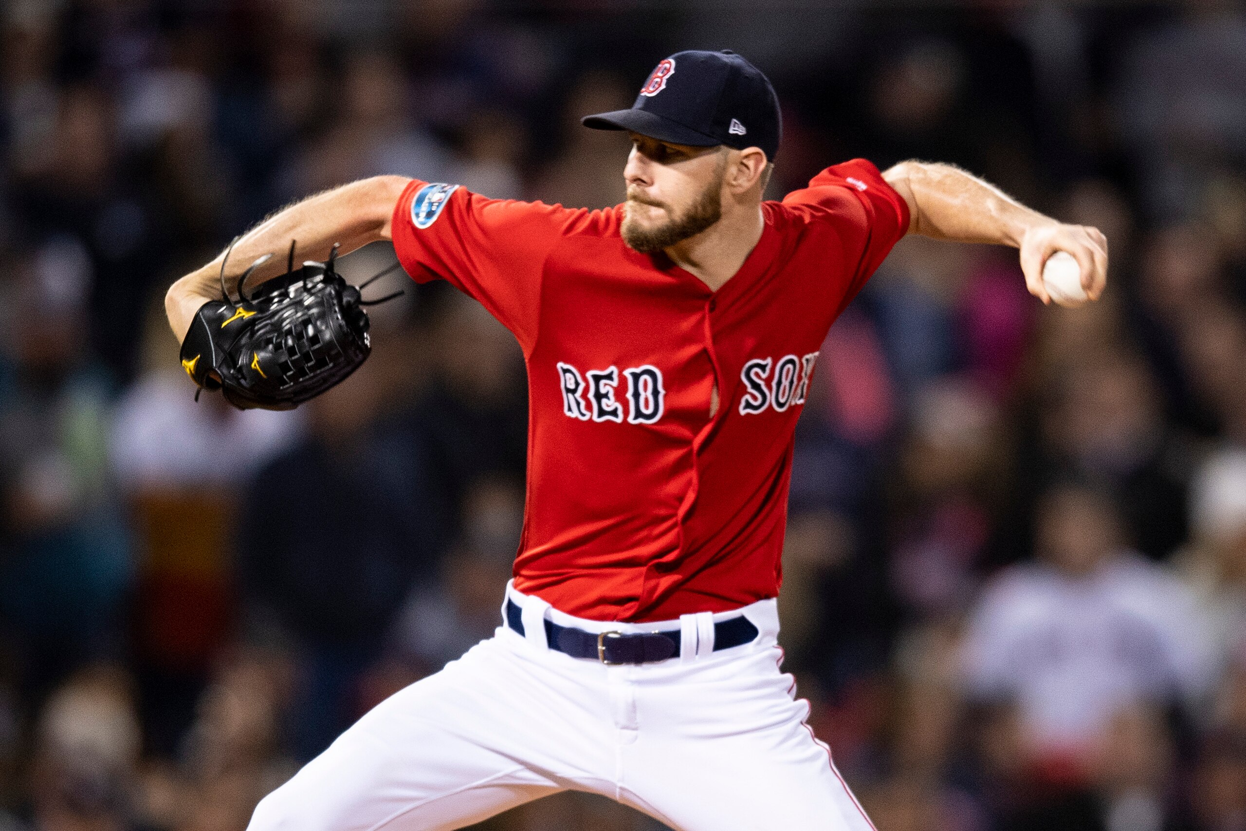 BOSTON, MA - OCTOBER 13: Chris Sale #41 of the Boston Red Sox delivers during the second inning of game one of the American League Championship Series against the Houston Astros on October 13, 2018 at Fenway Park in Boston, Massachusetts. (Photo by Billie