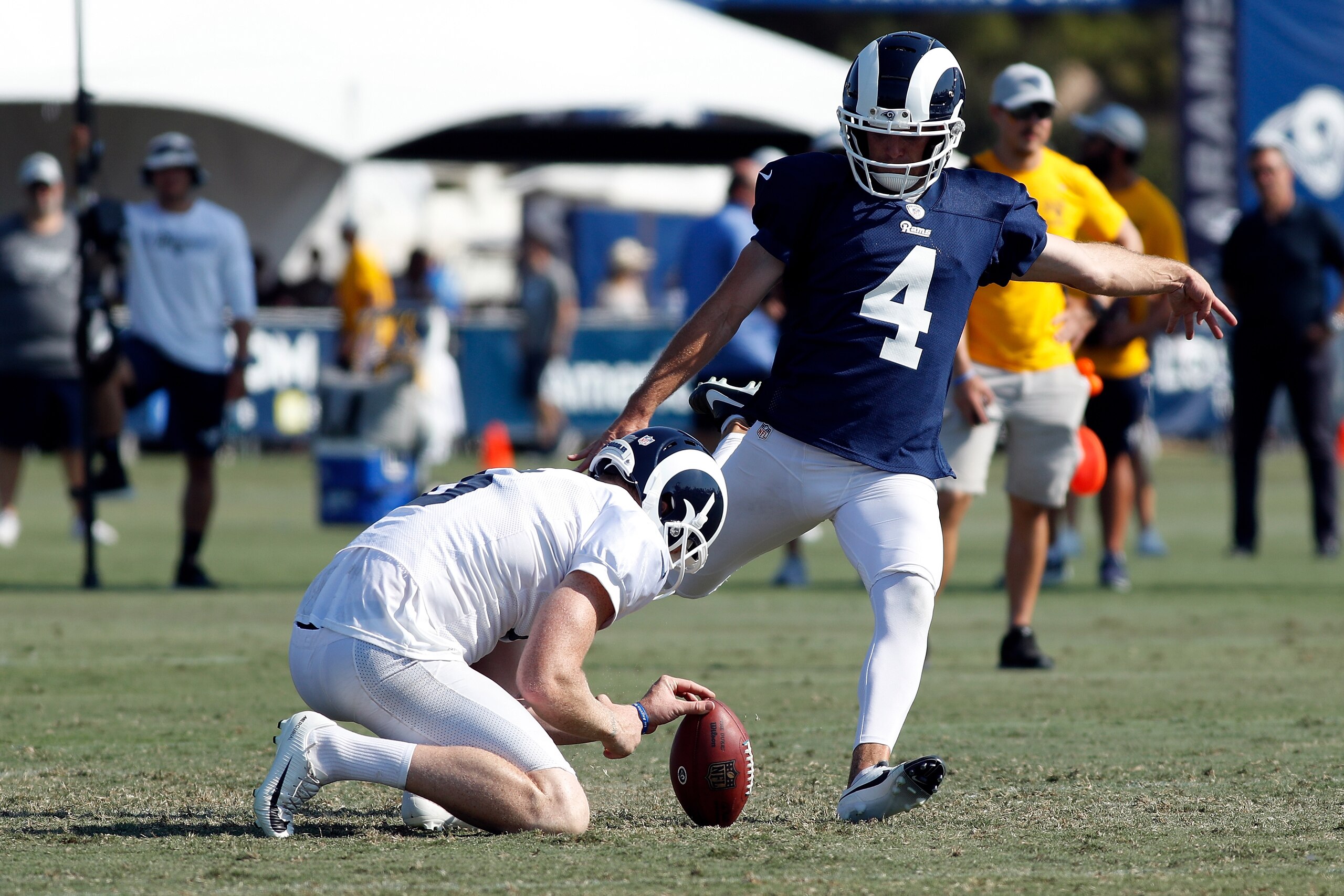 IRVINE, CA - AUGUST 12:  Greg Zuerlein #4 of the Los Angeles Rams practices field goal kicks during training camp at Crawford Field on August 12, 2018 in Irvine, California.  (Photo by Josh Lefkowitz/Getty Images)