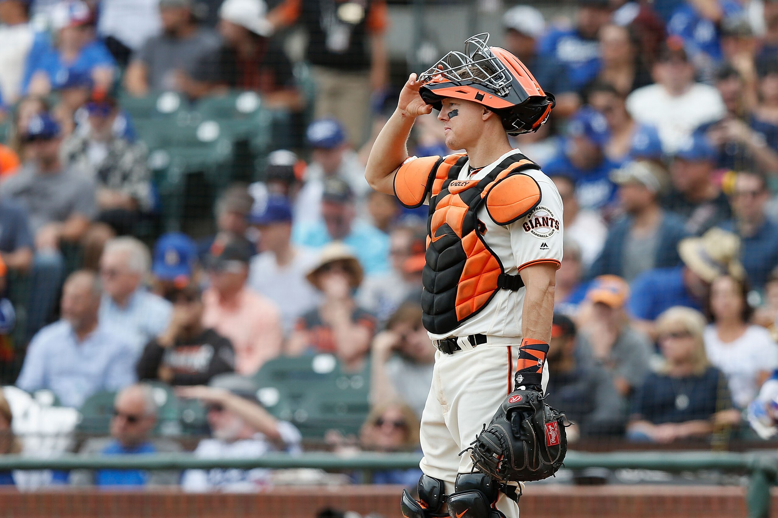 SAN FRANCISCO, CA - SEPTEMBER 29: Catcher Nick Hundley #5 of the San Francisco Giants looks on at the top of the fifth inning against the Los Angeles Dodgers at AT&T Park on September 29, 2018 in San Francisco, California. (Photo by Lachlan Cunningham/Get