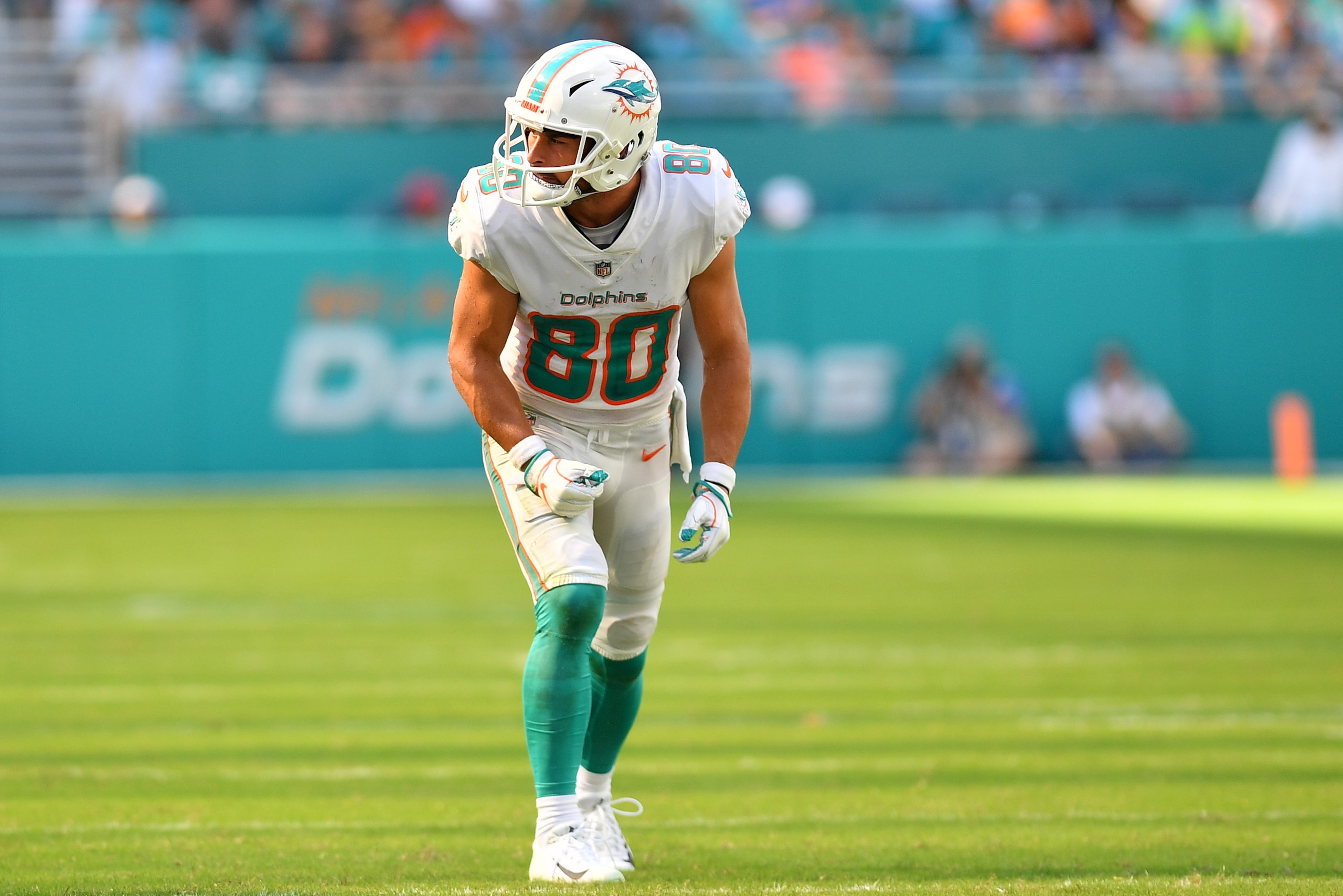 MIAMI, FL - OCTOBER 21: Danny Amendola #80 of the Miami Dolphins lines up during the fourth quarter against the  Detroit Lions at Hard Rock Stadium on October 21, 2018 in Miami, Florida. (Photo by Mark Brown/Getty Images)