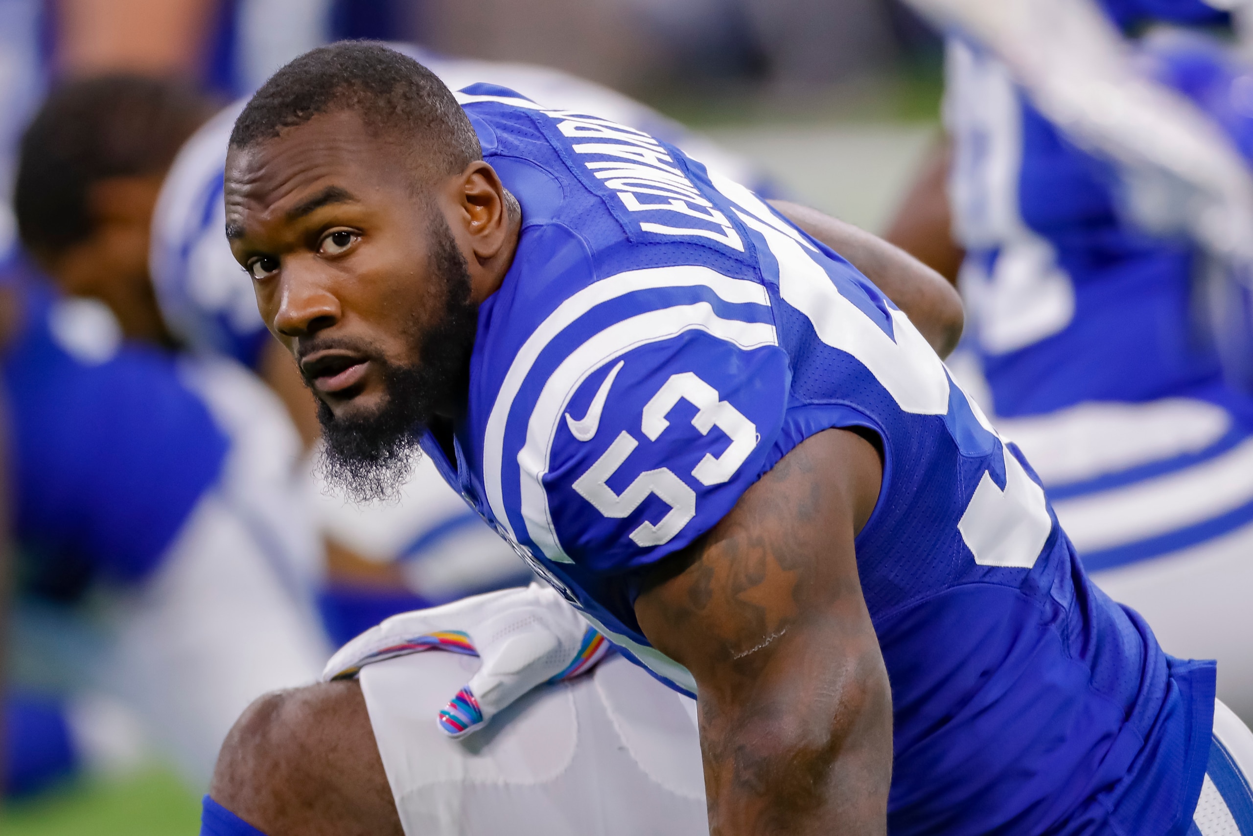 INDIANAPOLIS, IN - OCTOBER 21: Darius Leonard #53 of the Indianapolis Colts is seen before the game against the Buffalo Bills at Lucas Oil Stadium on October 21, 2018 in Indianapolis, Indiana. (Photo by Michael Hickey/Getty Images)
