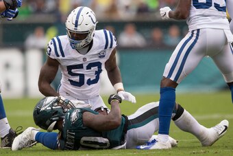 PHILADELPHIA, PA - SEPTEMBER 23: Darius Leonard #53 of the Indianapolis Colts leans over Corey Clement #30 of the Philadelphia Eagles at Lincoln Financial Field on September 23, 2018 in Philadelphia, Pennsylvania. (Photo by Mitchell Leff/Getty Images)