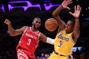 LOS ANGELES, CA - OCTOBER 20:  Chris Paul #3 of the Houston Rockets reacts to a foul from Rajon Rondo #9 of the Los Angeles Lakers during the second quarter at Staples Center on October 20, 2018 in Los Angeles, California.  (Photo by Harry How/Getty Image