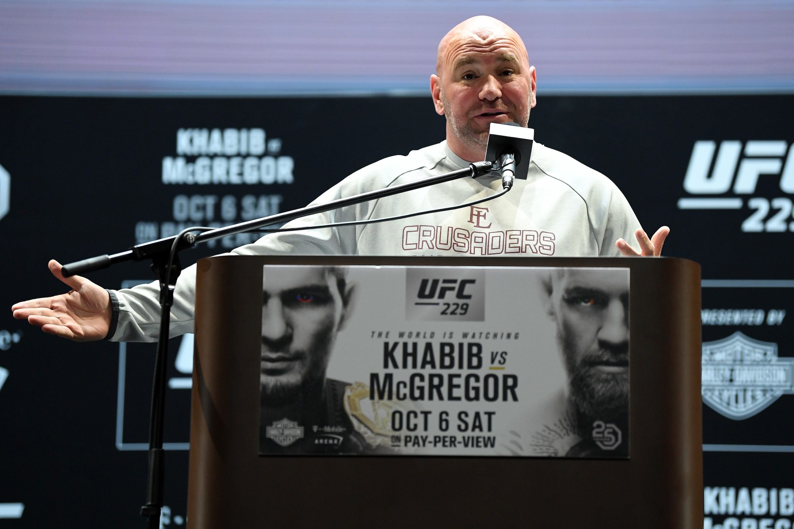LAS VEGAS, NEVADA - OCTOBER 04: UFC president Dana White hosts the UFC 229 Press Conference inside The Park Theater at Park MGM on October 4, 2018 in Las Vegas, Nevada. (Photo by Jeff Bottari/Zuffa LLC/Zuffa LLC via Getty Images) LAS VEGAS, NEVADA - OCTOBER 04: UFC president Dana White hosts the UFC 229 Press Conference inside The Park Theater at Park MGM on October 4, 2018 in Las Vegas, Nevada. (Photo by Jeff Bottari/Zuffa LLC/Zuffa LLC via Getty Images)