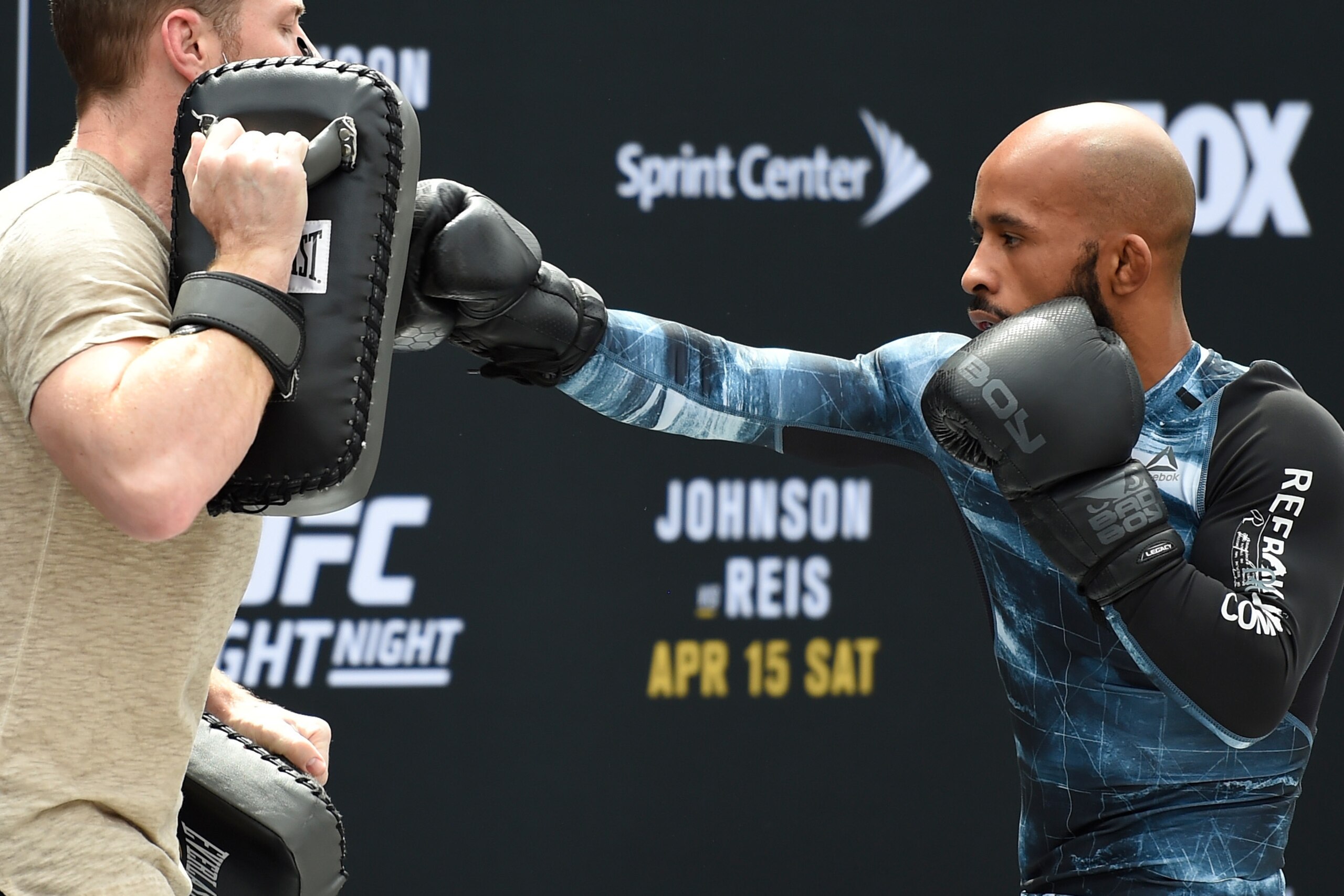 KANSAS CITY, MO - APRIL 13: Demetrious Johnson holds an open workout for fans and media at the Kansas City Power & Light District on April 13, 2017 in Kansas City, Missouri. (Photo by Josh Hedges/Zuffa LLC/Zuffa LLC via Getty Images) KANSAS CITY, MO - APRIL 13: Demetrious Johnson holds an open workout for fans and media at the Kansas City Power & Light District on April 13, 2017 in Kansas City, Missouri. (Photo by Josh Hedges/Zuffa LLC/Zuffa LLC via Getty Images)