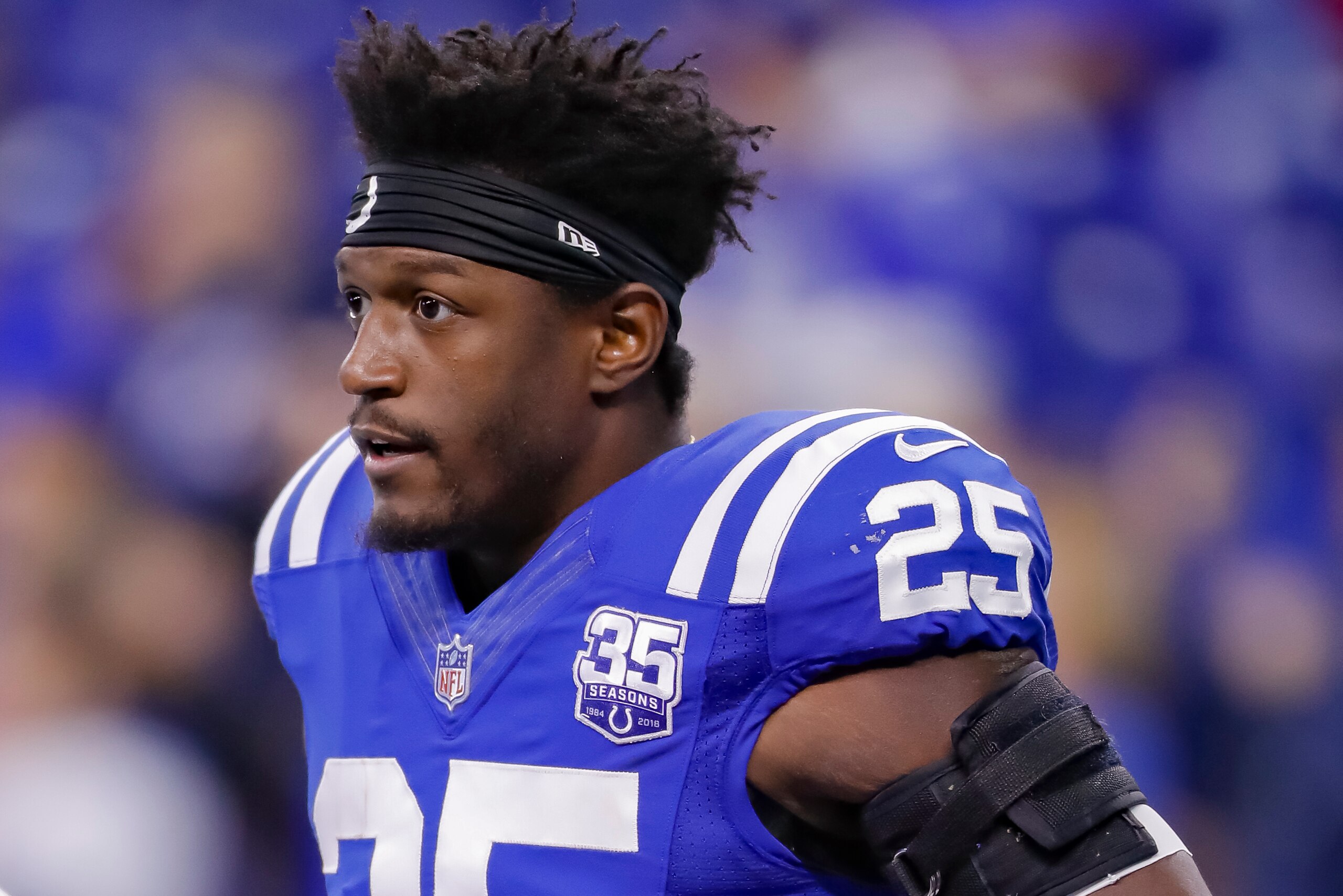 INDIANAPOLIS, IN - OCTOBER 21: Marlon Mack #25 of the Indianapolis Colts is seen before the game against the Buffalo Bills at Lucas Oil Stadium on October 21, 2018 in Indianapolis, Indiana. (Photo by Michael Hickey/Getty Images)