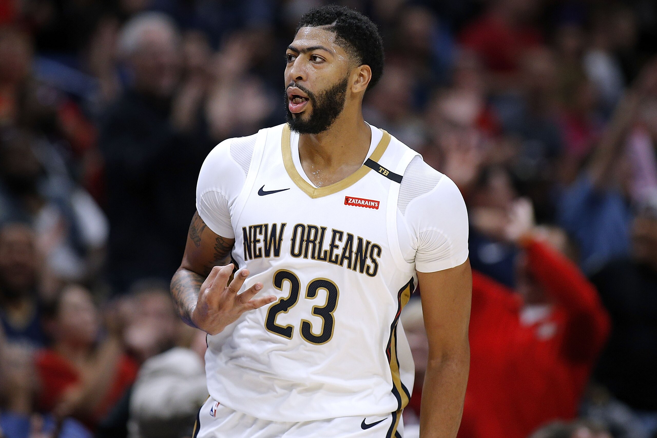 NEW ORLEANS, LA - OCTOBER 23:  Anthony Davis #23 of the New Orleans Pelicans reacts during a game against the LA Clippers at the Smoothie King Center on October 23, 2018 in New Orleans, Louisiana. NOTE TO USER: User expressly acknowledges and agrees that,