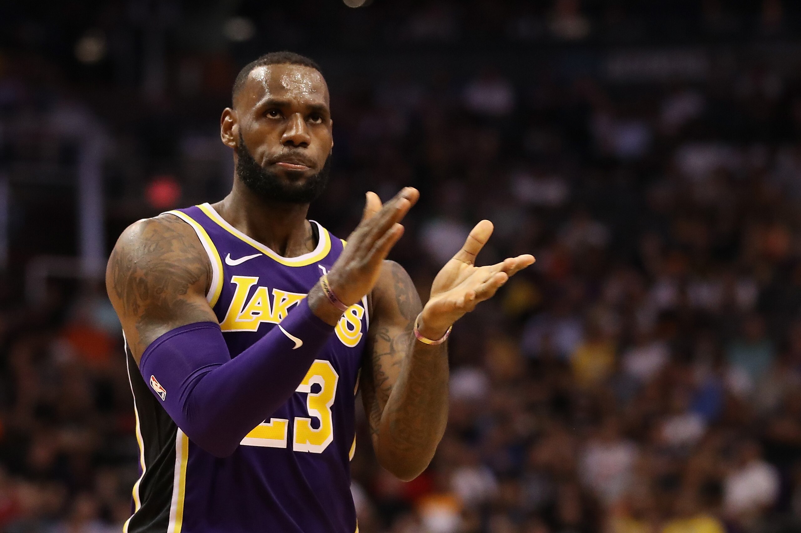 PHOENIX, AZ - OCTOBER 24:  LeBron James #23 of the Los Angeles Lakers reacts after scoring against the Phoenix Suns during the second half of the NBA game at Talking Stick Resort Arena on October 24, 2018 in Phoenix, Arizona.  The Lakers defeated the Suns