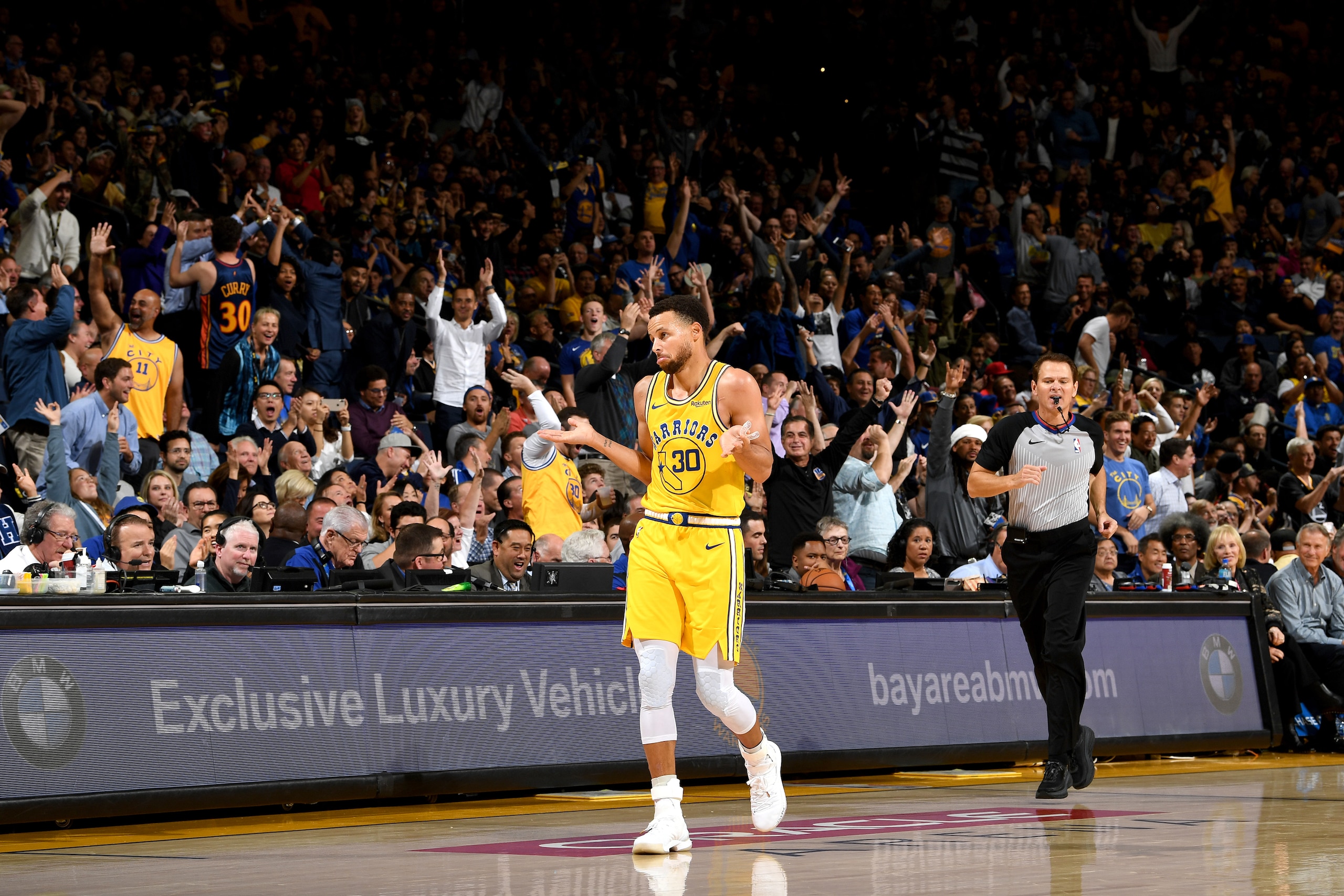 OAKLAND, CA - OCTOBER 24: Stephen Curry #30 of the Golden State Warriors reacts to a play during the game against the Washington Wizards on October 24, 2018 at ORACLE Arena in Oakland, California. NOTE TO USER: User expressly acknowledges and agrees that,