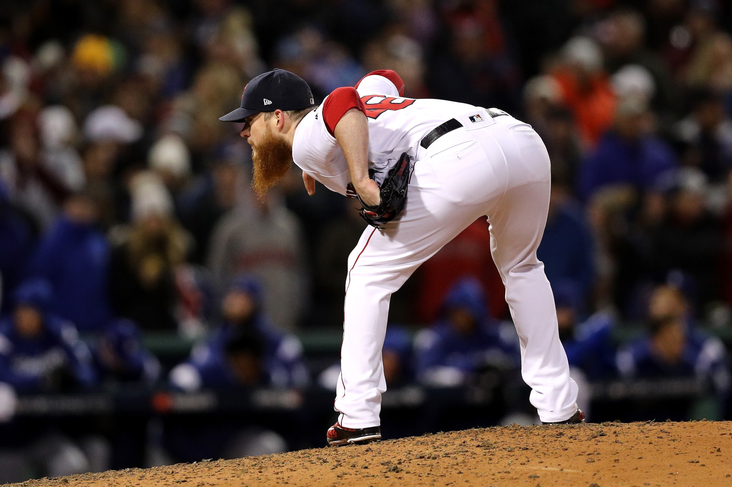 BOSTON, MA - OCTOBER 24: Craig Kimbrel #46 of the Boston Red Sox prepares to deliver the pitch against the Los Angeles Dodgers during the ninth inning in Game Two of the 2018 World Series at Fenway Park on October 24, 2018 in Boston, Massachusetts. The R BOSTON, MA - OCTOBER 24: Craig Kimbrel #46 of the Boston Red Sox prepares to deliver the pitch against the Los Angeles Dodgers during the ninth inning in Game Two of the 2018 World Series at Fenway Park on October 24, 2018 in Boston, Massachusetts. The R