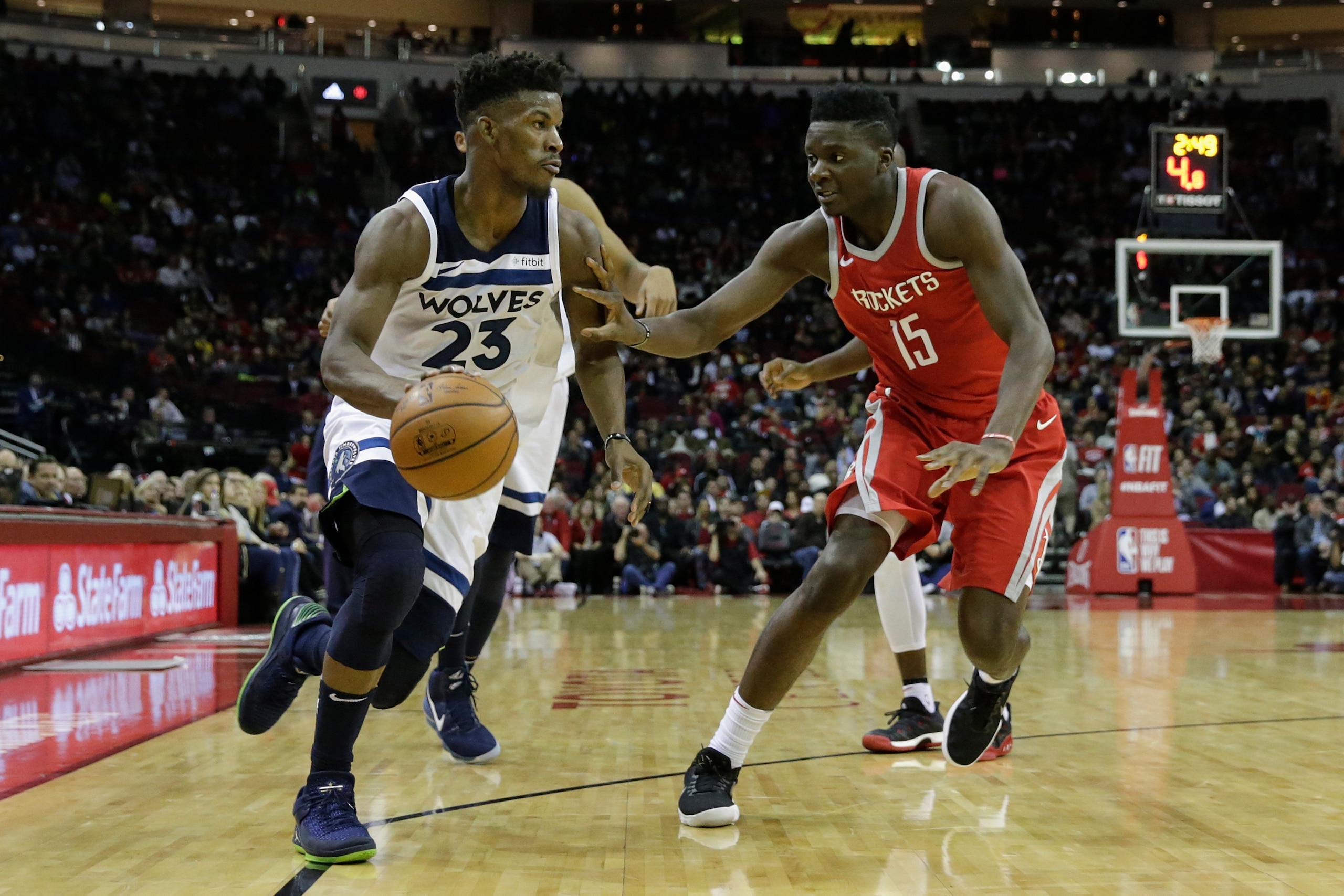 HOUSTON, TX - JANUARY 18: Jimmy Butler #23 of the Minnesota Timberwolves drives to the basket defended by Clint Capela #15 of the Houston Rockets in the second half at Toyota Center on January 18, 2018 in Houston, Texas. NOTE TO USER: User expressly ack HOUSTON, TX - JANUARY 18: Jimmy Butler #23 of the Minnesota Timberwolves drives to the basket defended by Clint Capela #15 of the Houston Rockets in the second half at Toyota Center on January 18, 2018 in Houston, Texas. NOTE TO USER: User expressly ack