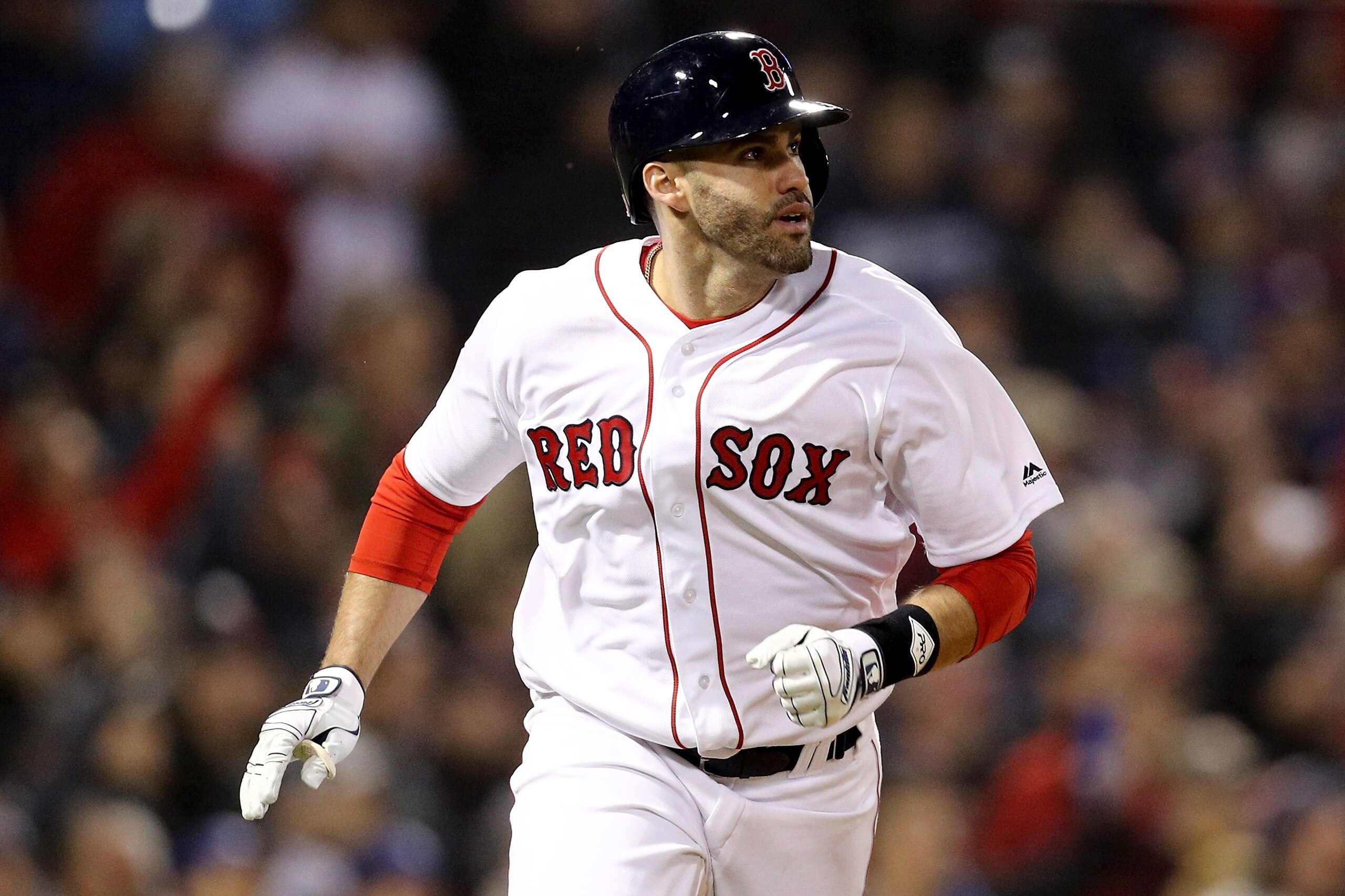 BOSTON, MA - OCTOBER 23: J.D. Martinez #28 of the Boston Red Sox hits an RBI double during the third inning against the Los Angeles Dodgers in Game One of the 2018 World Series at Fenway Park on October 23, 2018 in Boston, Massachusetts. (Photo by Maddi BOSTON, MA - OCTOBER 23: J.D. Martinez #28 of the Boston Red Sox hits an RBI double during the third inning against the Los Angeles Dodgers in Game One of the 2018 World Series at Fenway Park on October 23, 2018 in Boston, Massachusetts. (Photo by Maddi