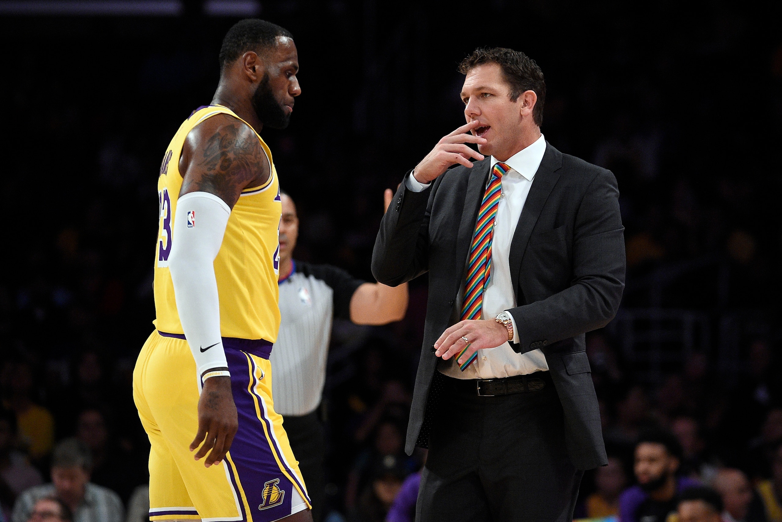 LOS ANGELES, CA - OCTOBER 04: Head coach Luke Walton of the Los Angeles talks with LeBron James #23 during a pre-season basketball game against Sacramento Kingsat Staples Center on October 4, 2018 in Los Angeles, California. NOTE TO USER: User expressly a