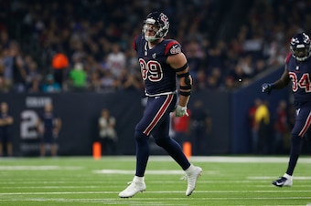 HOUSTON, TX - OCTOBER 25:  J.J. Watt #99 of the Houston Texans celebrates a tackle for a loss against the Miami Dolphins in the first quarter at NRG Stadium on October 25, 2018 in Houston, Texas.  (Photo by Tim Warner/Getty Images)