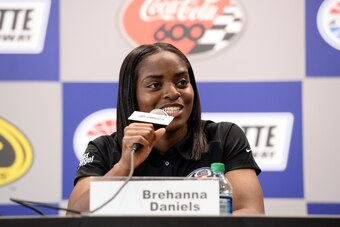 CHARLOTTE, NC - MAY 26: NASCAR Drive for Diversity Pit Crew National Combinee participant Brehanna Daniels speaks to the press during practice for the NASCAR Sprint Cup Series Coca-Cola 600 at Charlotte Motor Speedway on May 27, 2016 in Charlotte, North C
