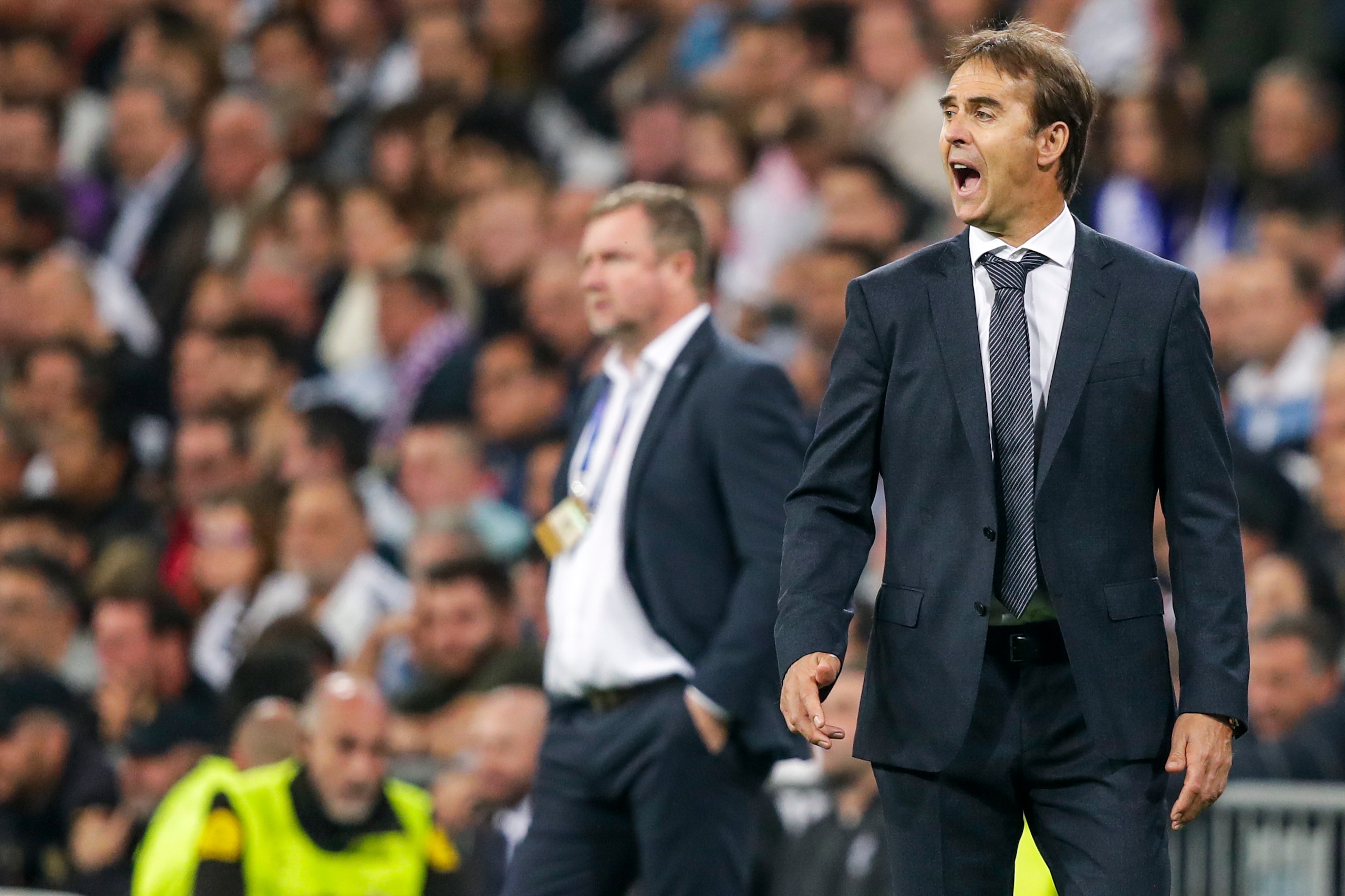 MADRID, SPAIN - OCTOBER 23: coach Pavel Vrba of Viktoria Plzen, coach Julen Lopetegui of Real Madrid during the UEFA Champions League  match between Real Madrid v Viktoria Plzen at the Santiago Bernabeu on October 23, 2018 in Madrid Spain (Photo by David 
