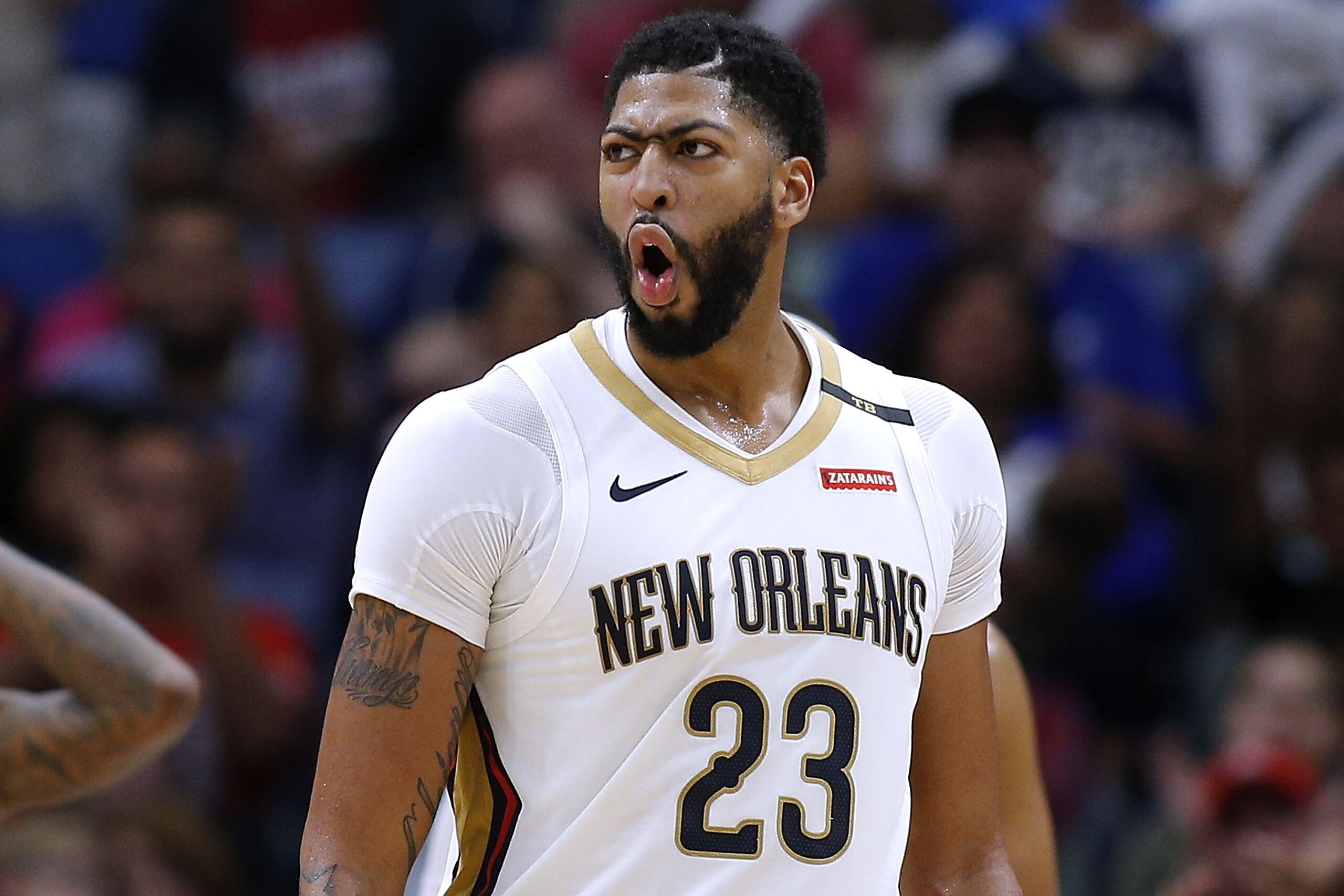 NEW ORLEANS, LA - OCTOBER 23:  Anthony Davis #23 of the New Orleans Pelicans reacts during a game against the LA Clippers at the Smoothie King Center on October 23, 2018 in New Orleans, Louisiana. NOTE TO USER: User expressly acknowledges and agrees that,