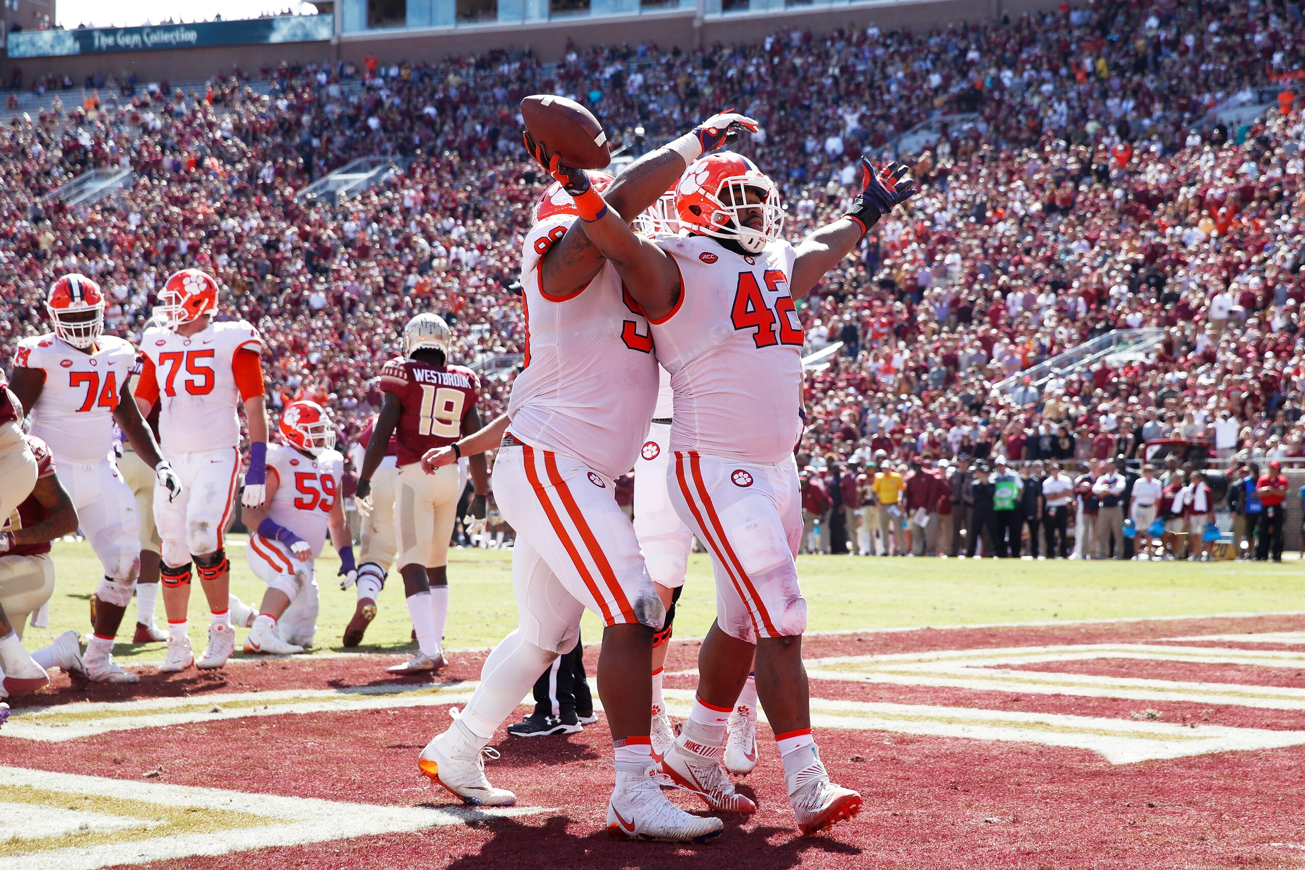 TALLAHASSEE, FL - OCTOBER 27: Christian Wilkins #42 of the Clemson Tigers reacts after rushing for a one-yard touchdown in the second quarter of the game against the Florida State Seminoles at Doak Campbell Stadium on October 27, 2018 in Tallahassee, Flor