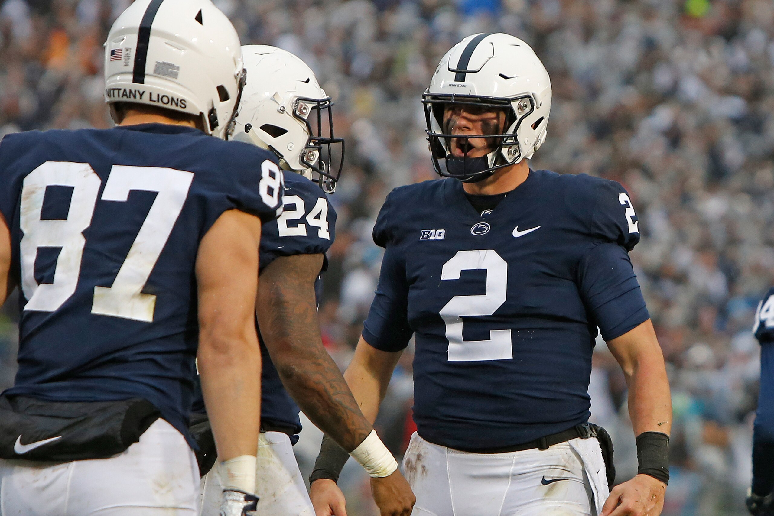 STATE COLLEGE, PA - OCTOBER 27:  Tommy Stevens #2 of the Penn State Nittany Lions celebrates after rushing for a 3 yard touchdown in the first half against the Iowa Hawkeyes on October 27, 2018 at Beaver Stadium in State College, Pennsylvania.  (Photo by 