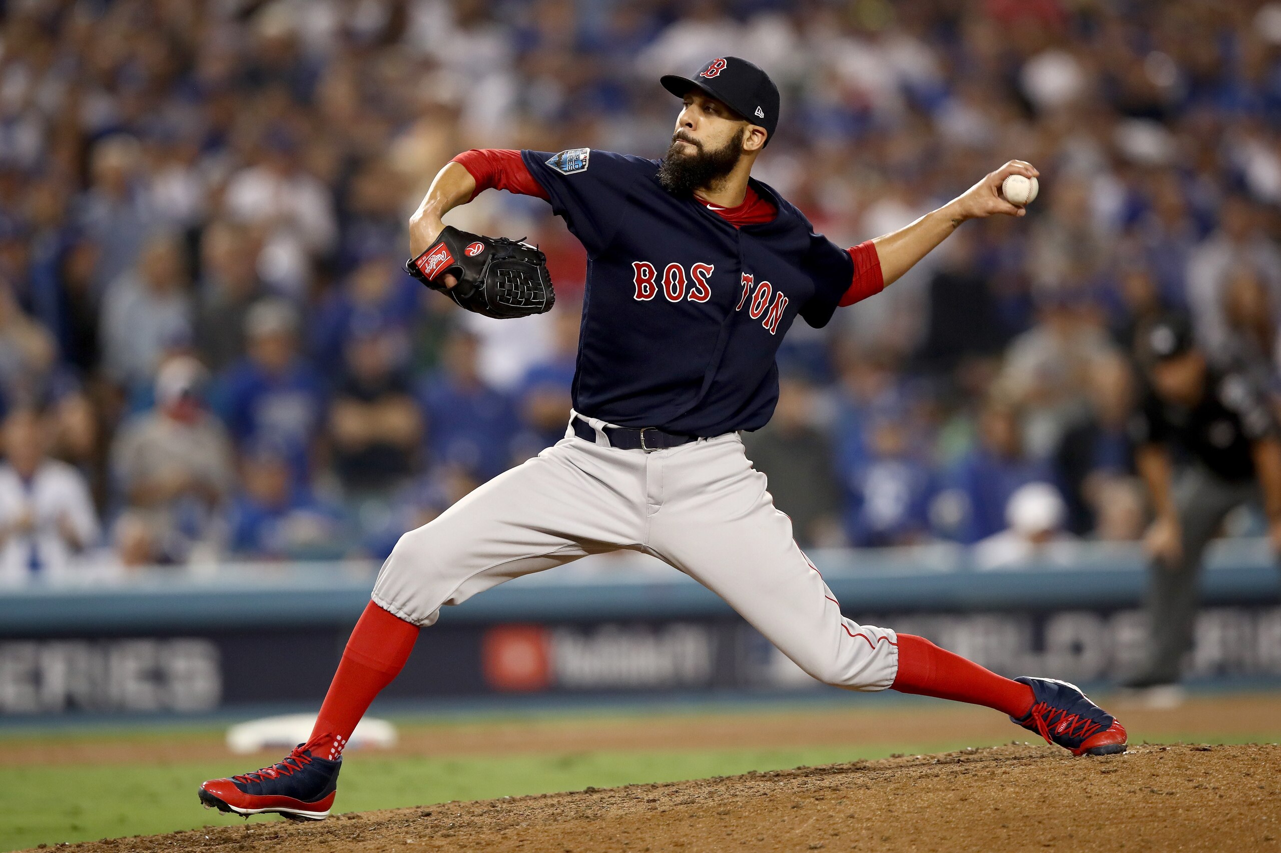 LOS ANGELES, CA - OCTOBER 26:  David Price #24 of the Boston Red Sox delivers the pitch during the ninth inning against the Los Angeles Dodgers in Game Three of the 2018 World Series at Dodger Stadium on October 26, 2018 in Los Angeles, California.  (Phot