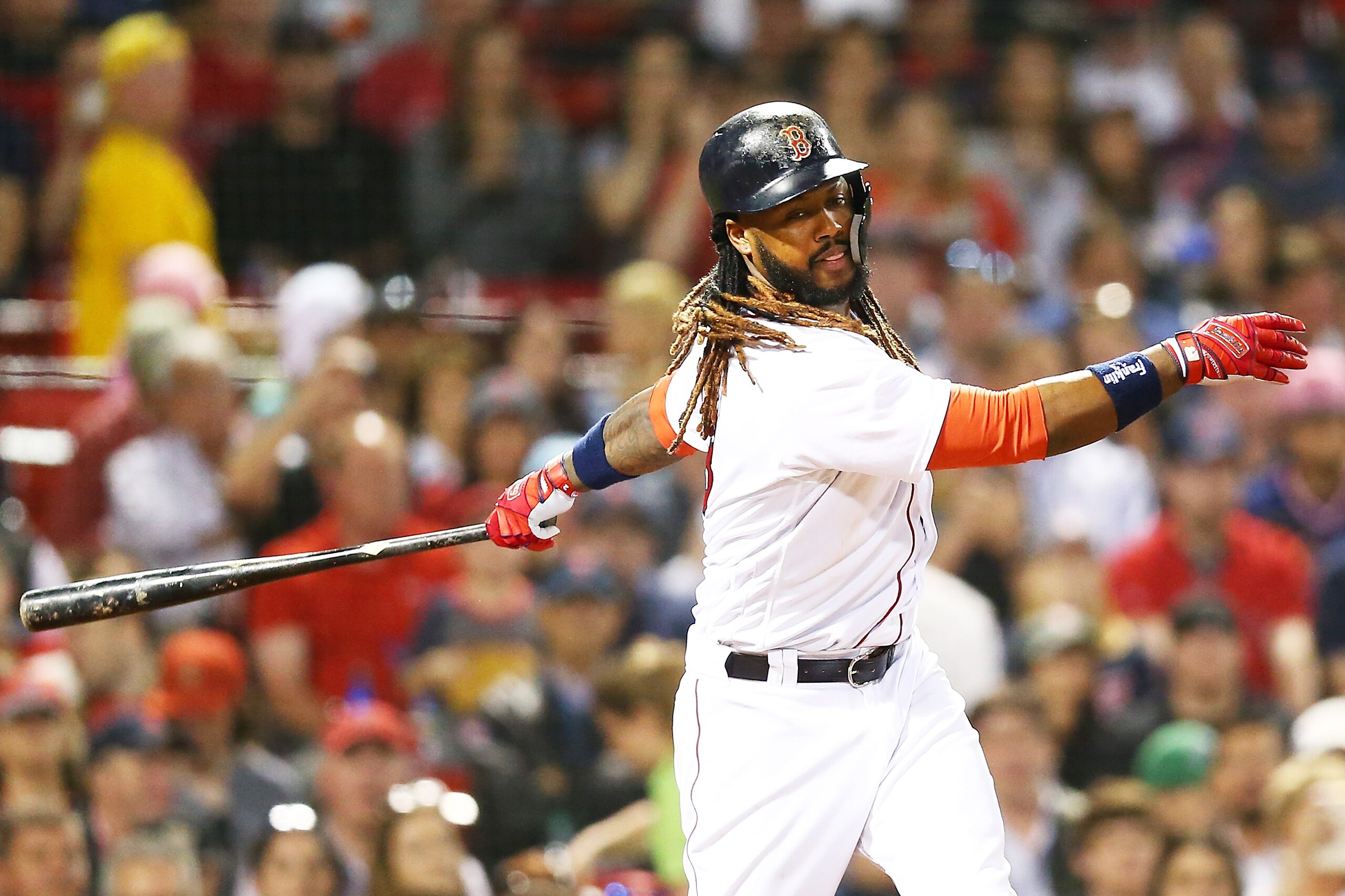 BOSTON, MA - MAY 17:  Hanley Ramirez #13 of the Boston Red Sox bats during a game against the Baltimore Orioles at Fenway Park on May 17, 2018 in Boston, Massachusetts.  (Photo by Adam Glanzman/Getty Images)