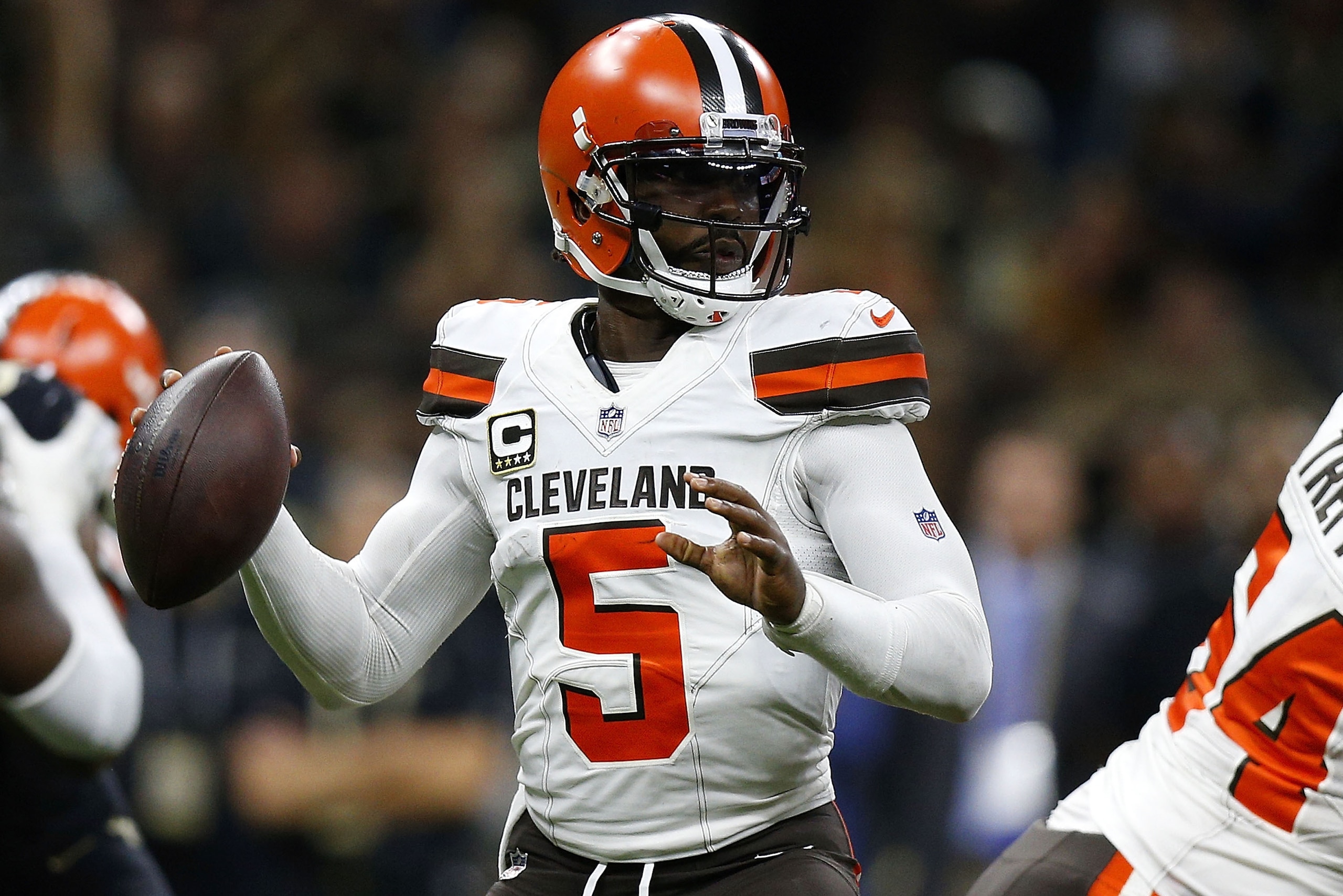 NEW ORLEANS, LA - SEPTEMBER 16:  Tyrod Taylor #5 of the Cleveland Browns throws the ball during a game against the New Orleans Saints at the Mercedes-Benz Superdome on September 16, 2018 in New Orleans, Louisiana.  (Photo by Jonathan Bachman/Getty Images)