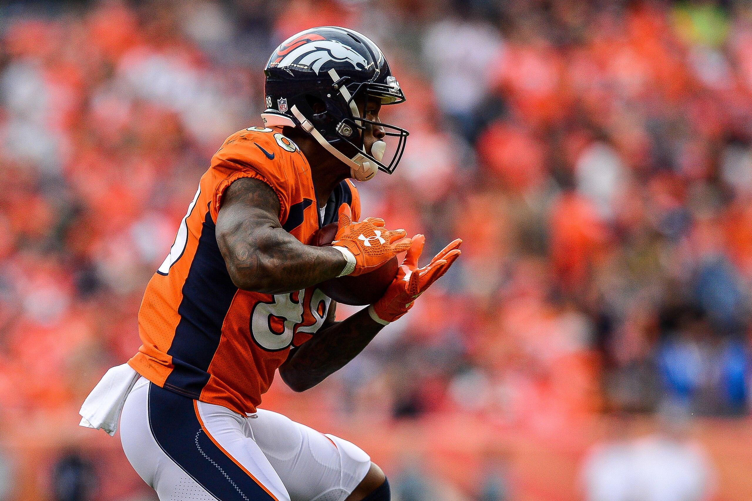DENVER, CO - SEPTEMBER 9:  Wide receiver Demaryius Thomas #88 of the Denver Broncos has a reception against the Seattle Seahawks at Broncos Stadium at Mile High on September 9, 2018 in Denver, Colorado. (Photo by Dustin Bradford/Getty Images)
