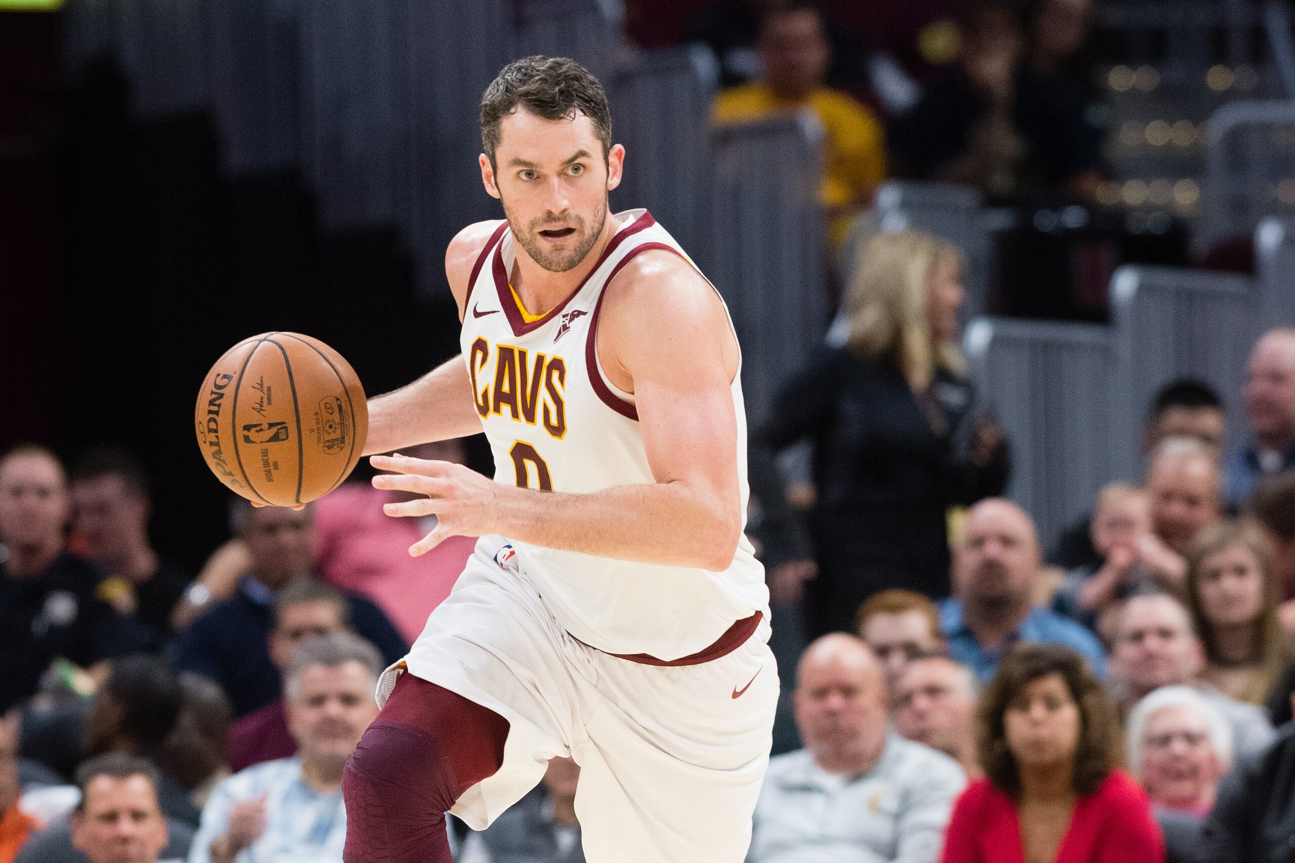 CLEVELAND, OH - OCTOBER 24: Kevin Love #0 of the Cleveland Cavaliers drives down court during the first half against the Brooklyn Nets at Quicken Loans Arena on October 24, 2018 in Cleveland, Ohio. NOTE TO USER: User expressly acknowledges and agrees that