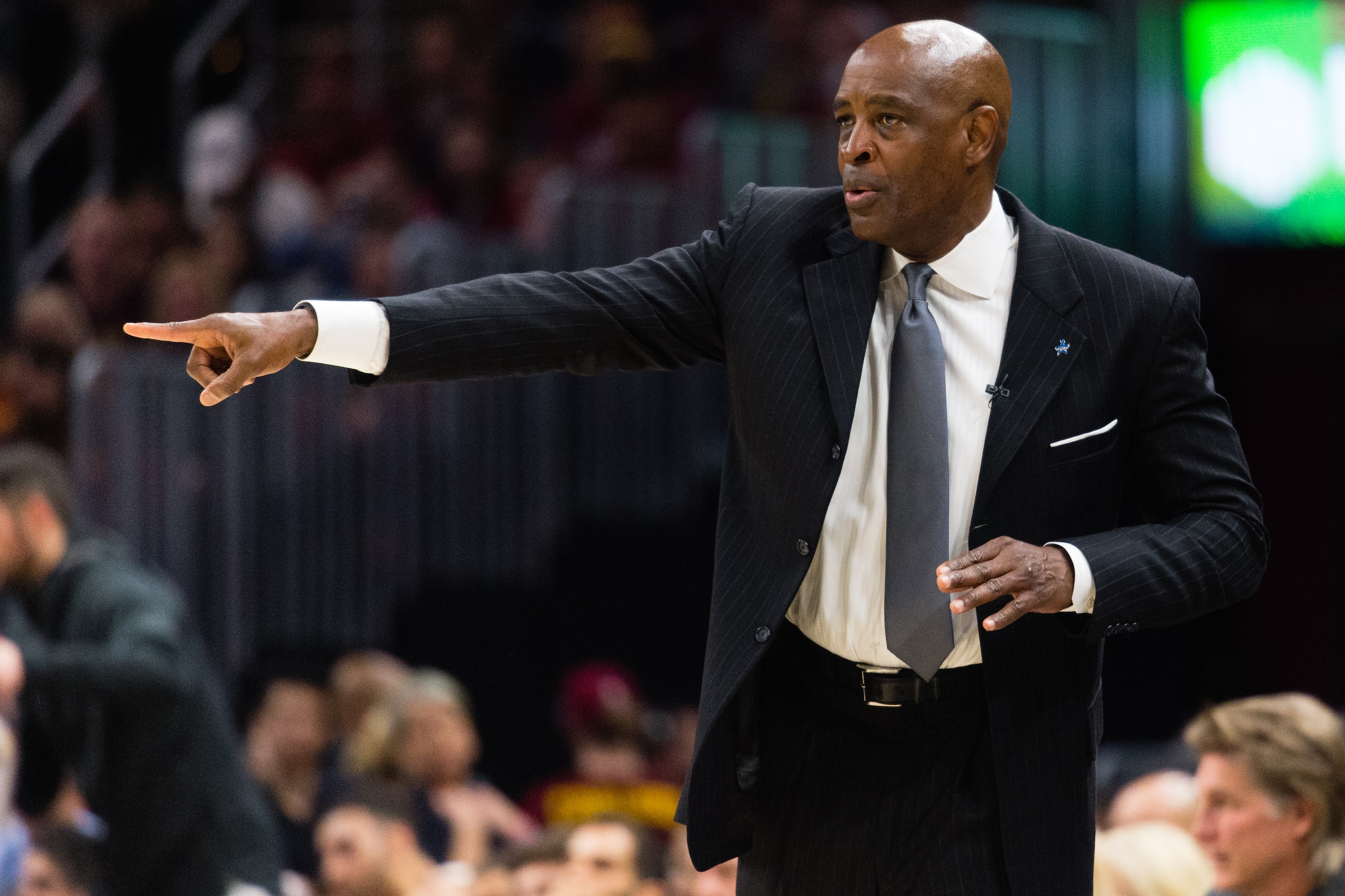 CLEVELAND, OH - MARCH 30: Interim head coach Larry Drew of the Cleveland Cavaliers signals to his players during the first half against the New Orleans Pelicans at Quicken Loans Arena on March 30, 2018 in Cleveland, Ohio. NOTE TO USER: User expressly ackn