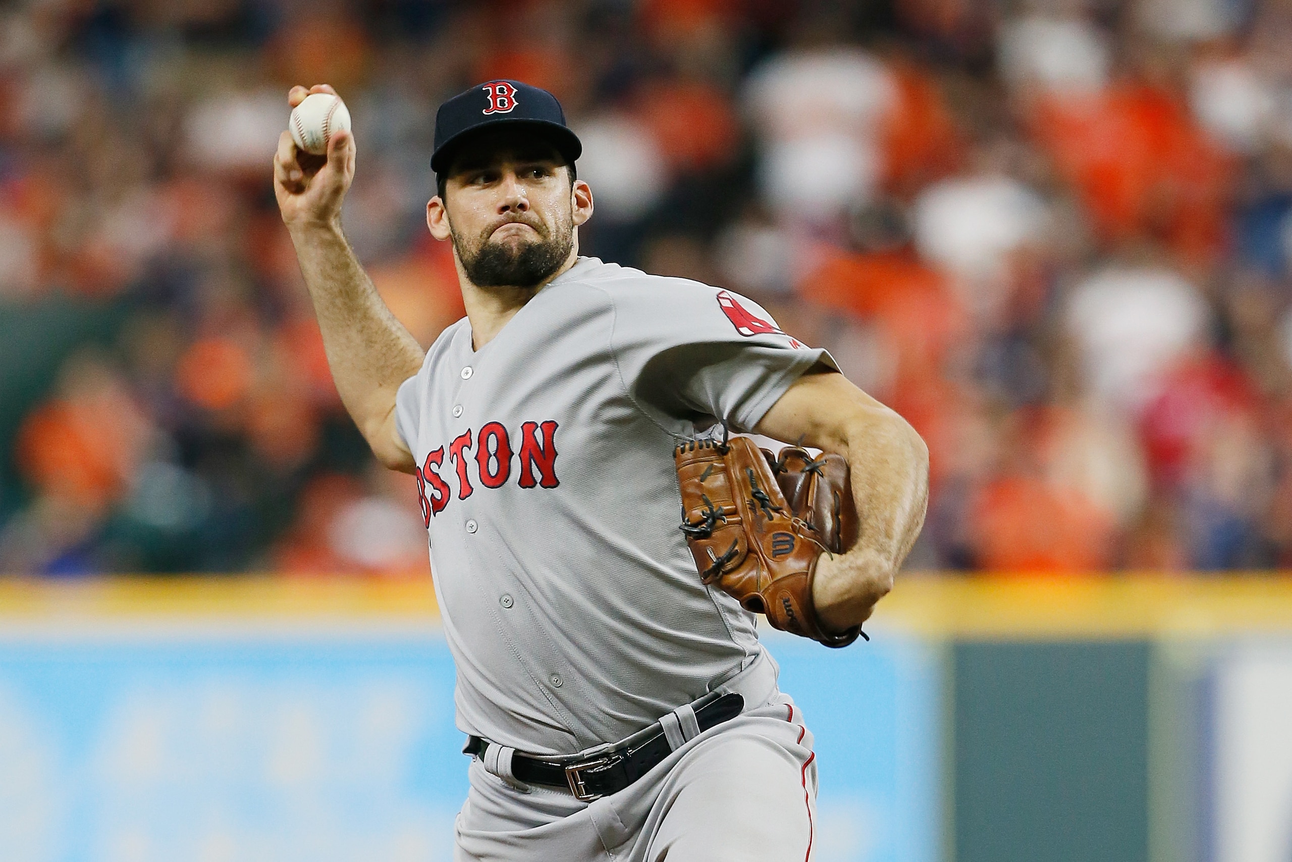 HOUSTON, TX - OCTOBER 18:  Nathan Eovaldi #17 of the Boston Red Sox pitches in the eighth inning against the Houston Astros during Game Five of the American League Championship Series at Minute Maid Park on October 18, 2018 in Houston, Texas.  (Photo by B