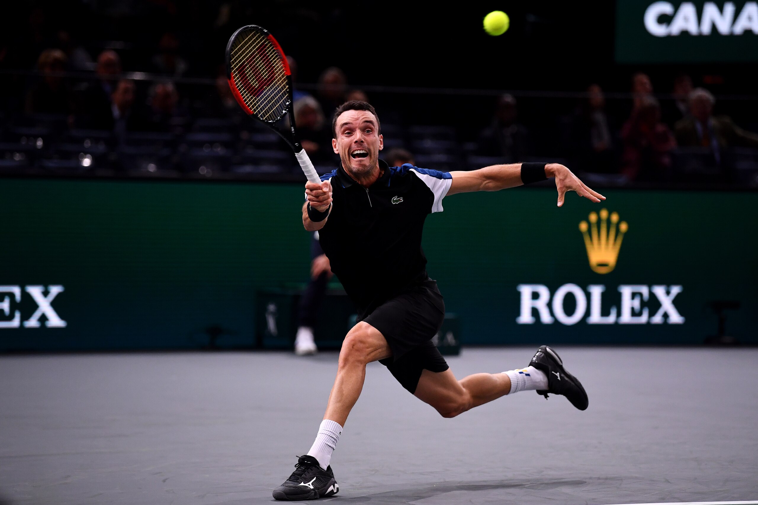 PARIS, FRANCE - OCTOBER 29: Roberto Bautista Agut of Spain plays a forehand against Steve Johnson of United States during Day 1 of the Rolex Paris Masters on October 29, 2018 in Paris, France. (Photo by Justin Setterfield/Getty Images)