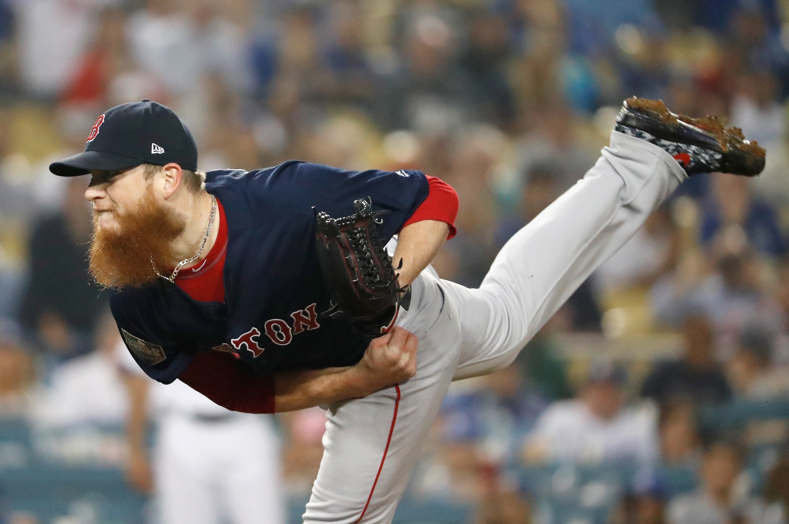 LOS ANGELES, CA - OCTOBER 27:  Closing pitcher Craig Kimbrel #46 of the Boston Red Sox pitches in the ninth inning in Game Four of the 2018 World Series against the Los Angeles Dodgers at Dodger Stadium on October 27, 2018 in Los Angeles, California.  (Ph