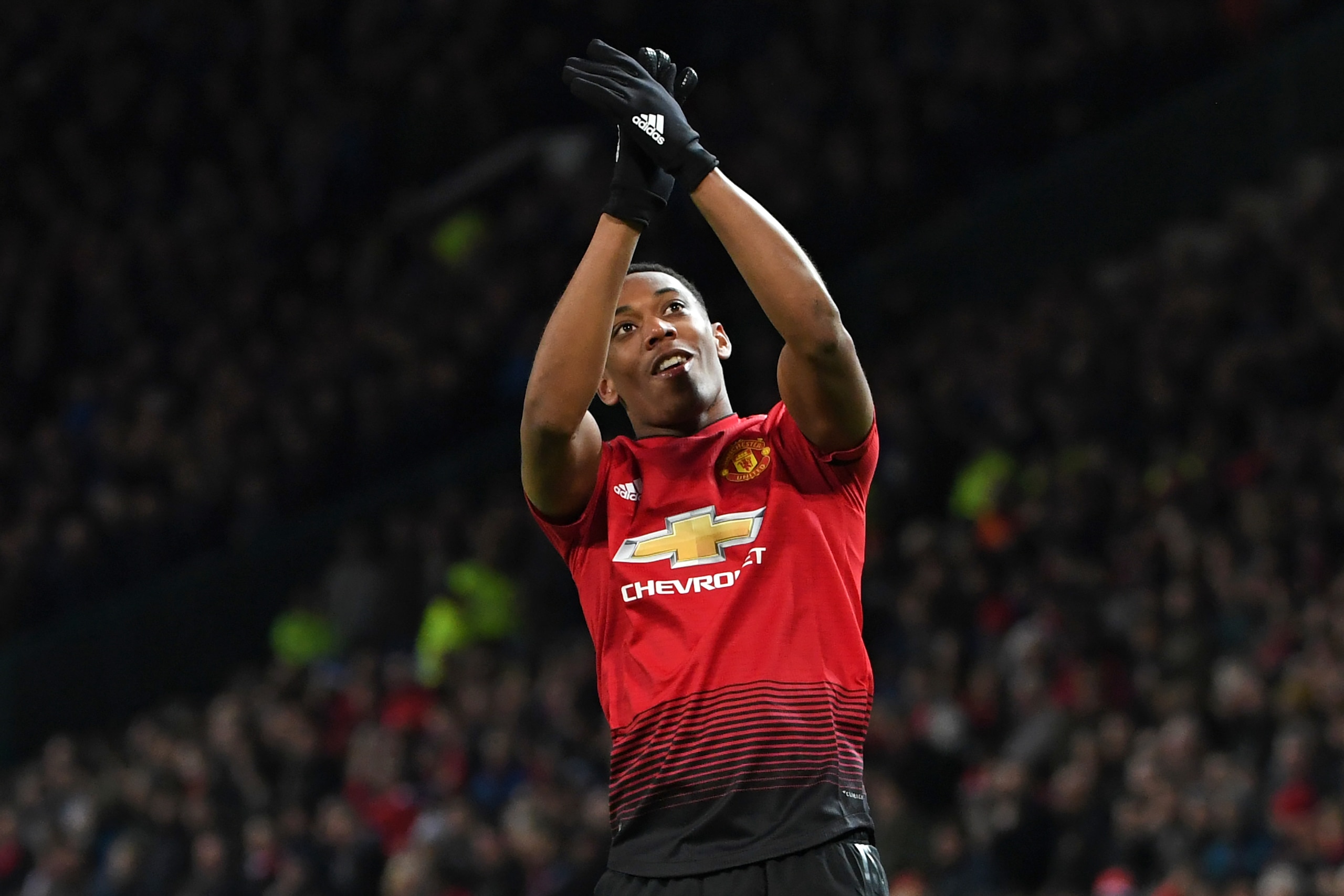 Manchester United's French striker Anthony Martial celebrates after scoring their second goal during the English Premier League football match between Manchester United and Everton at Old Trafford in Manchester, north west England, on October 28, 2018. (P