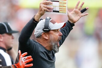 CLEVELAND, OH - OCTOBER 07: Offensive coordinator Todd Haley of the Cleveland Browns reacts after an incomplete pass where interference was not called during the game against the Baltimore Ravens at FirstEnergy Stadium on October 7, 2018 in Cleveland, Ohi