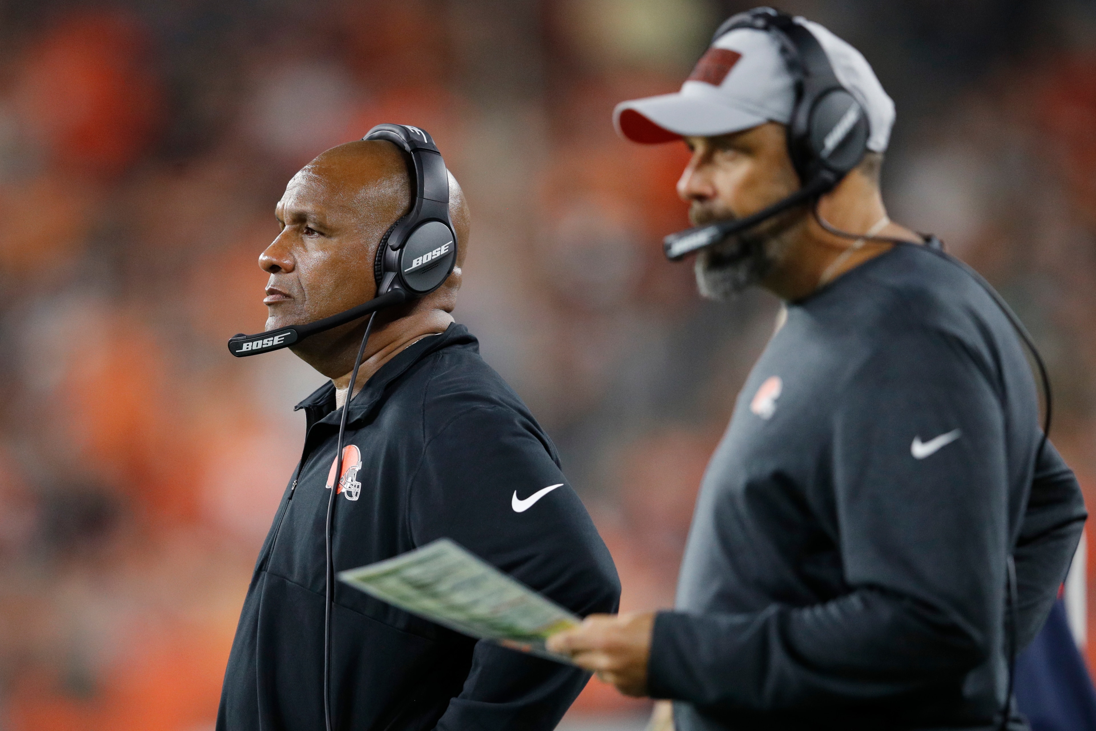 CLEVELAND, OH - SEPTEMBER 20: Head coach Hue Jackson of the Cleveland Browns looks on alongside offensive coordinator Todd Haley during the game against the New York Jets at FirstEnergy Stadium on September 20, 2018 in Cleveland, Ohio. The Browns won 21-1
