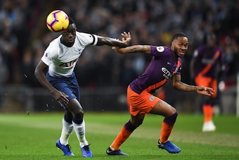 LONDON, ENGLAND - OCTOBER 29: Manchester City's Raheem Sterling battles for possession with Tottenham Hotspur's Davinson Sanchez during the Premier League match between Tottenham Hotspur and Manchester City at Tottenham Hotspur Stadium on October 29, 2018
